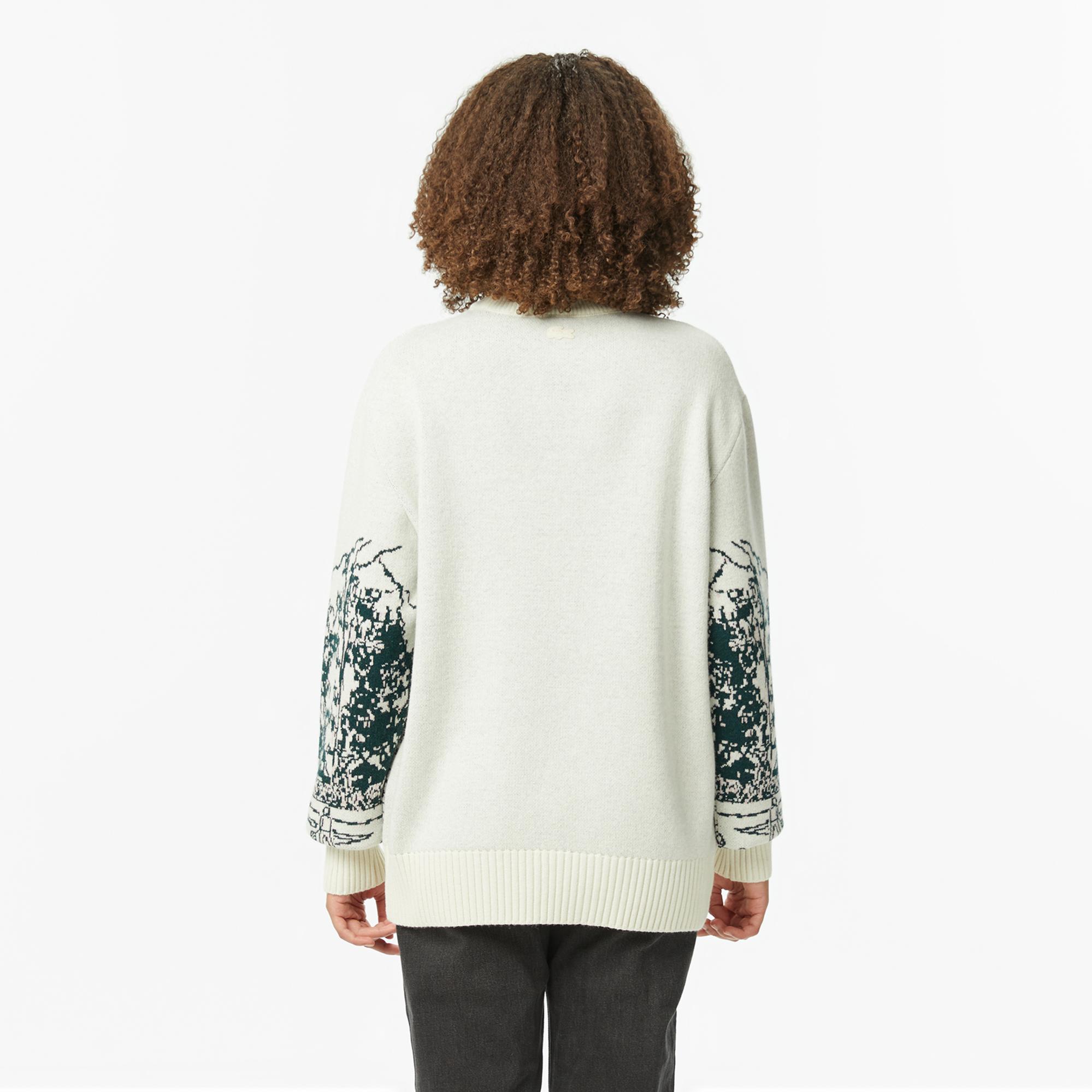 Lacoste Kadın Relaxed Fit Bisiklet Yaka Desenli Krem Kazak