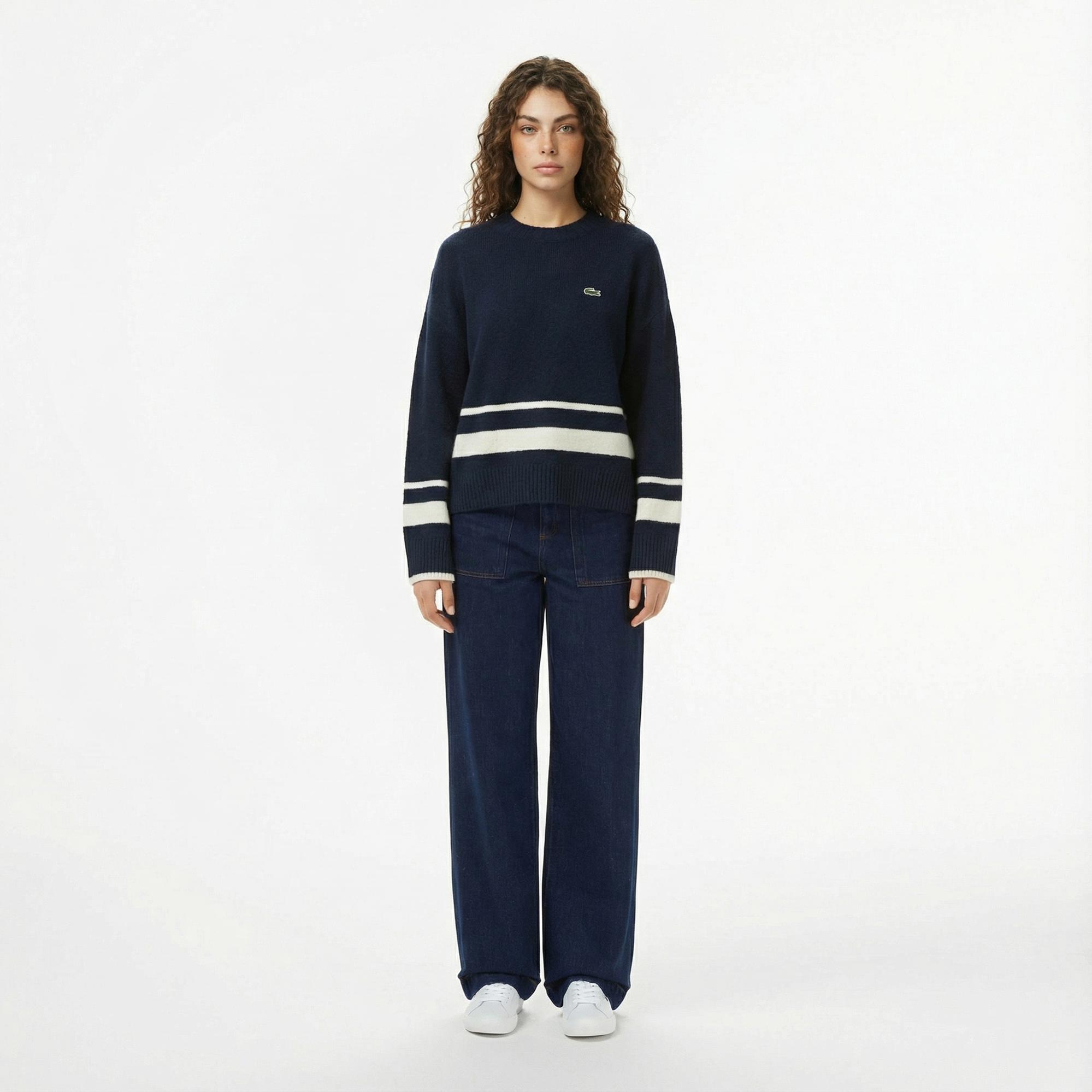 Lacoste Kadın Loose Fit Bisiklet Yaka Çizgili Lacivert Kazak