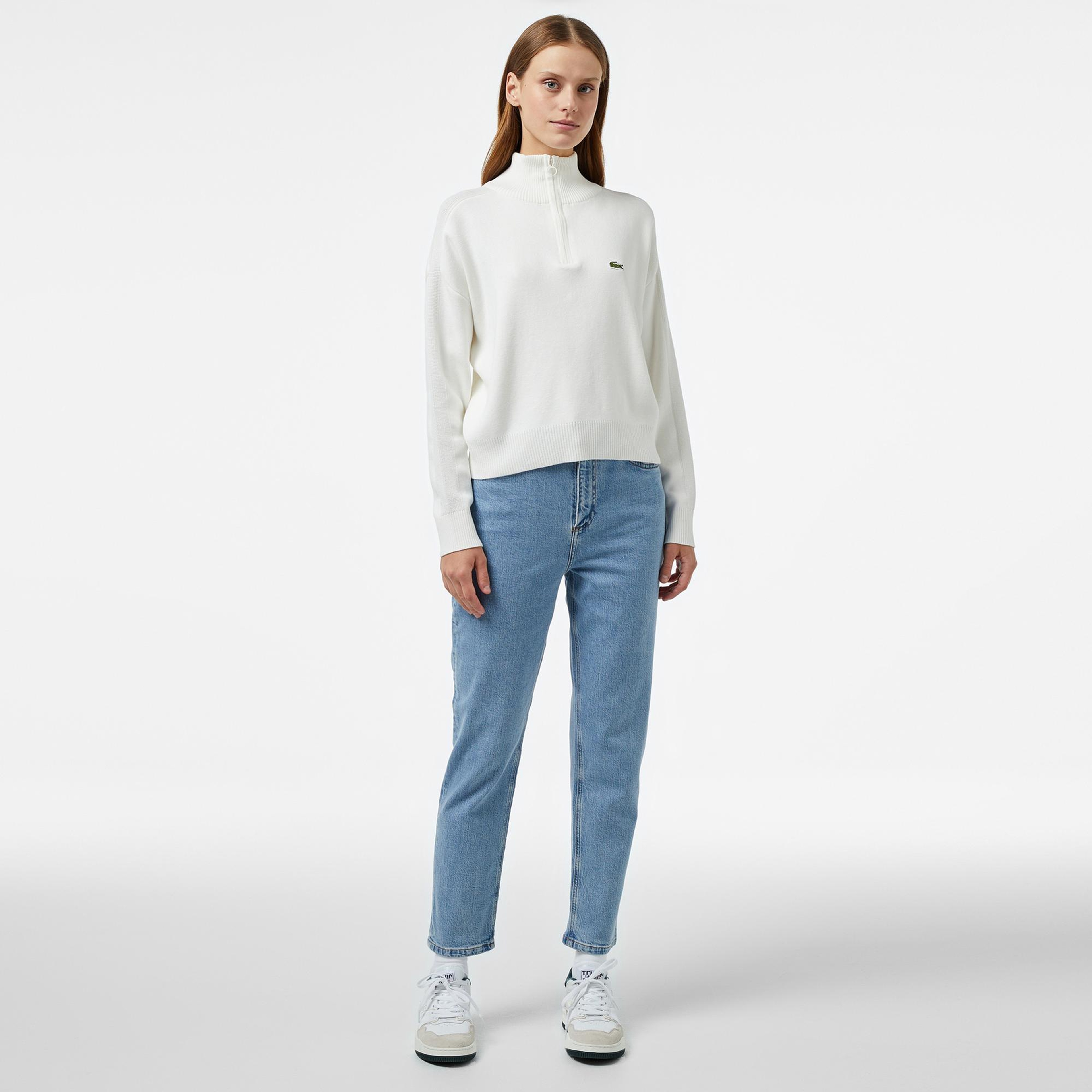 Lacoste Kadın Relaxed Fit Yarım Fermuarlı Beyaz Triko