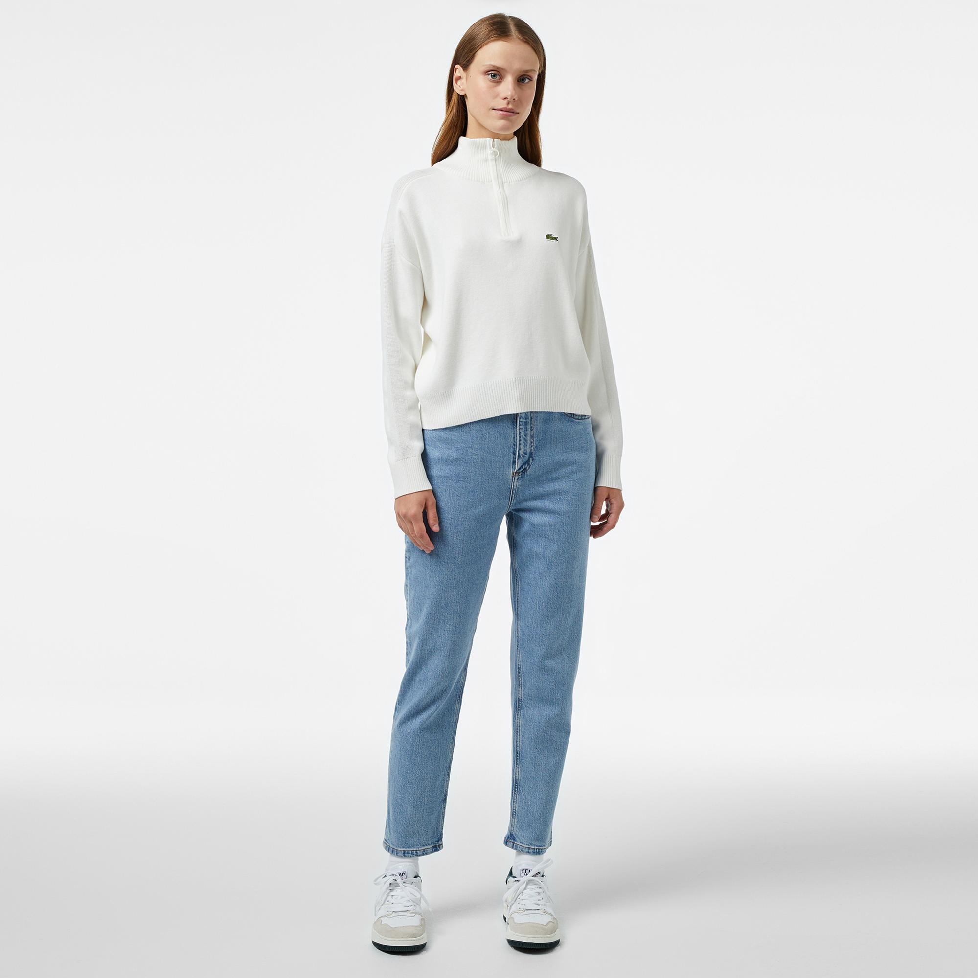 Lacoste Kadın Relaxed Fit Yarım Fermuarlı Beyaz Triko