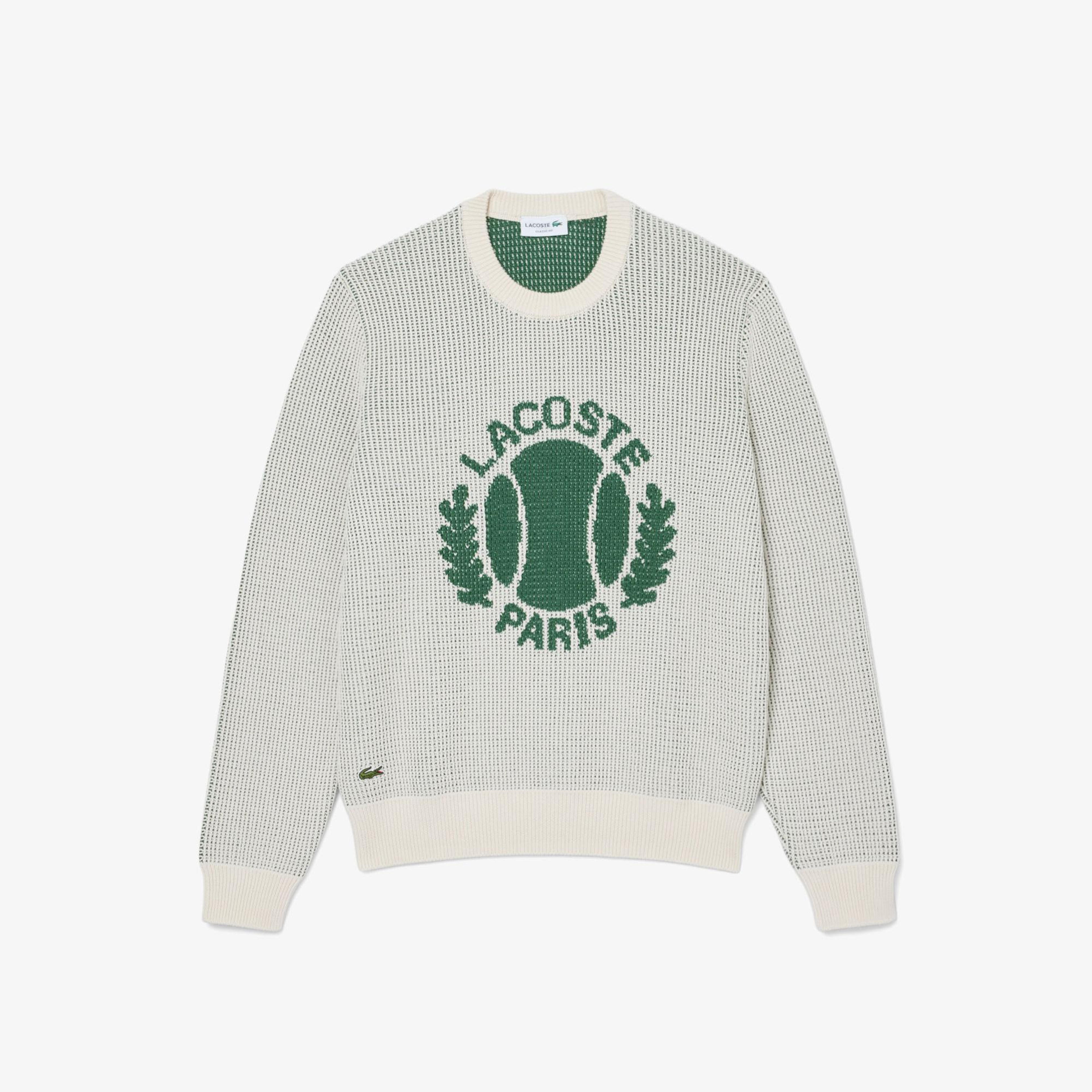 Lacoste Erkek Classic Fit Bisiklet Yaka Desenli Krem Kazak