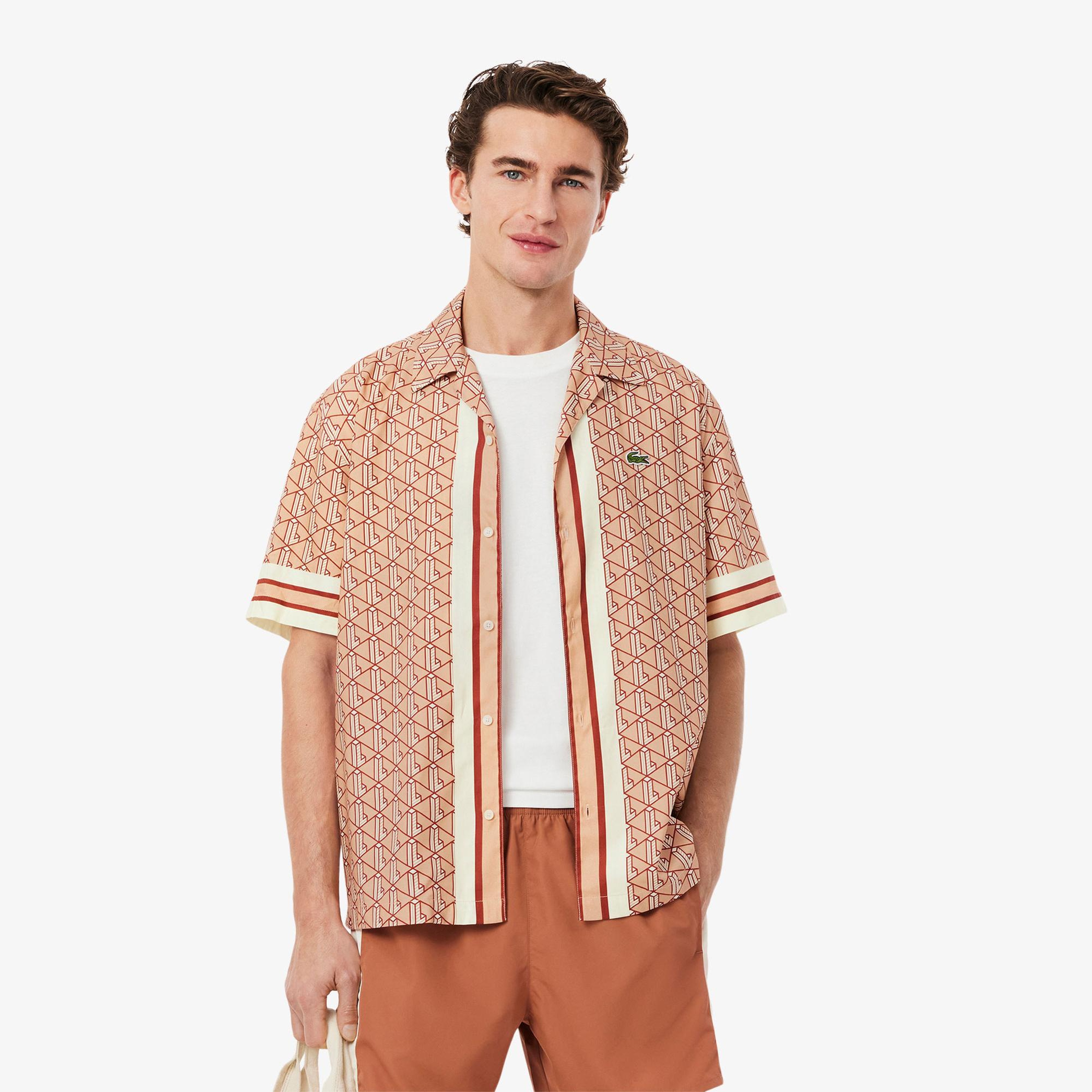 Lacoste Erkek Relaxed Fit Kısa Kollu Monogram Bej Gömlek