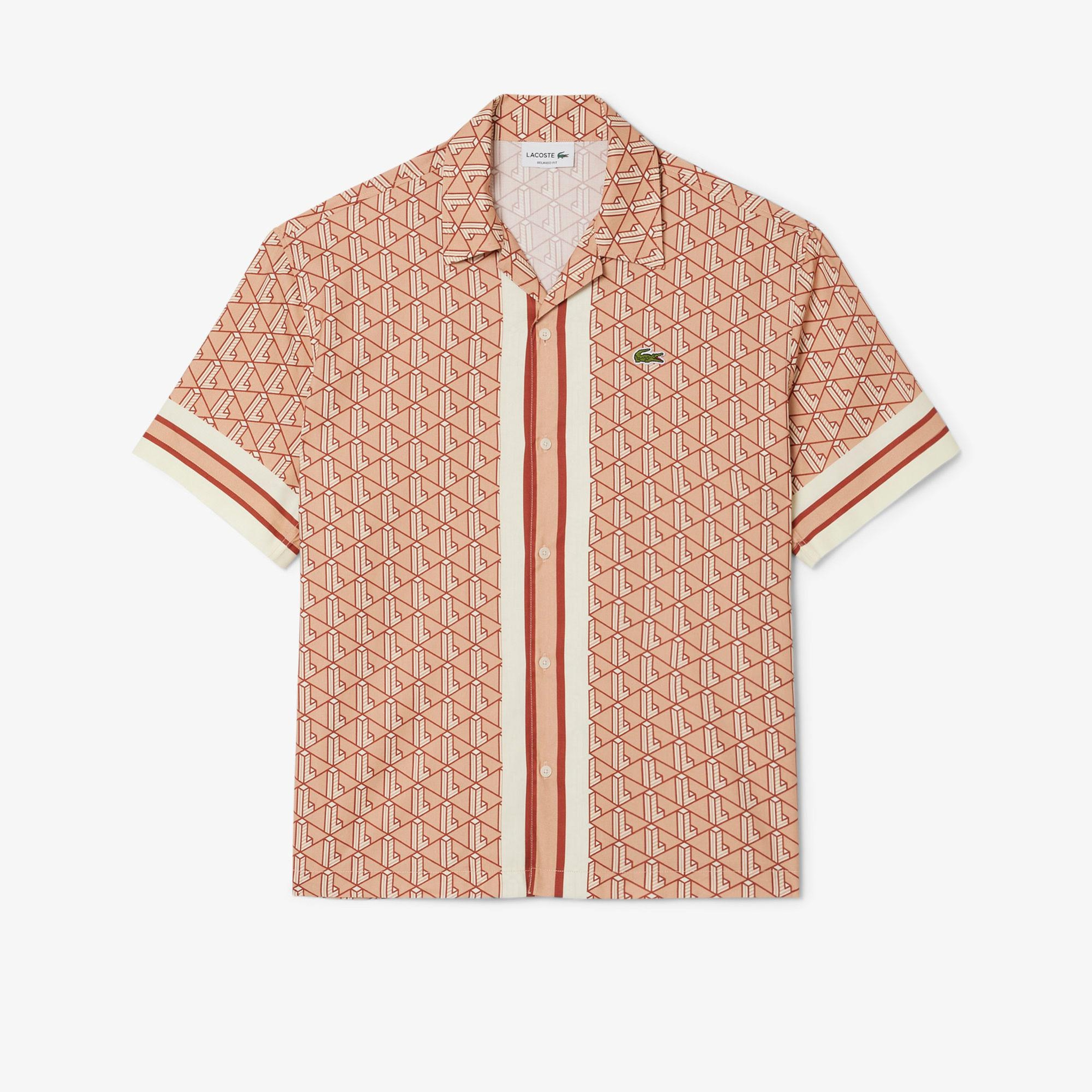 Lacoste Erkek Relaxed Fit Kısa Kollu Monogram Bej Gömlek