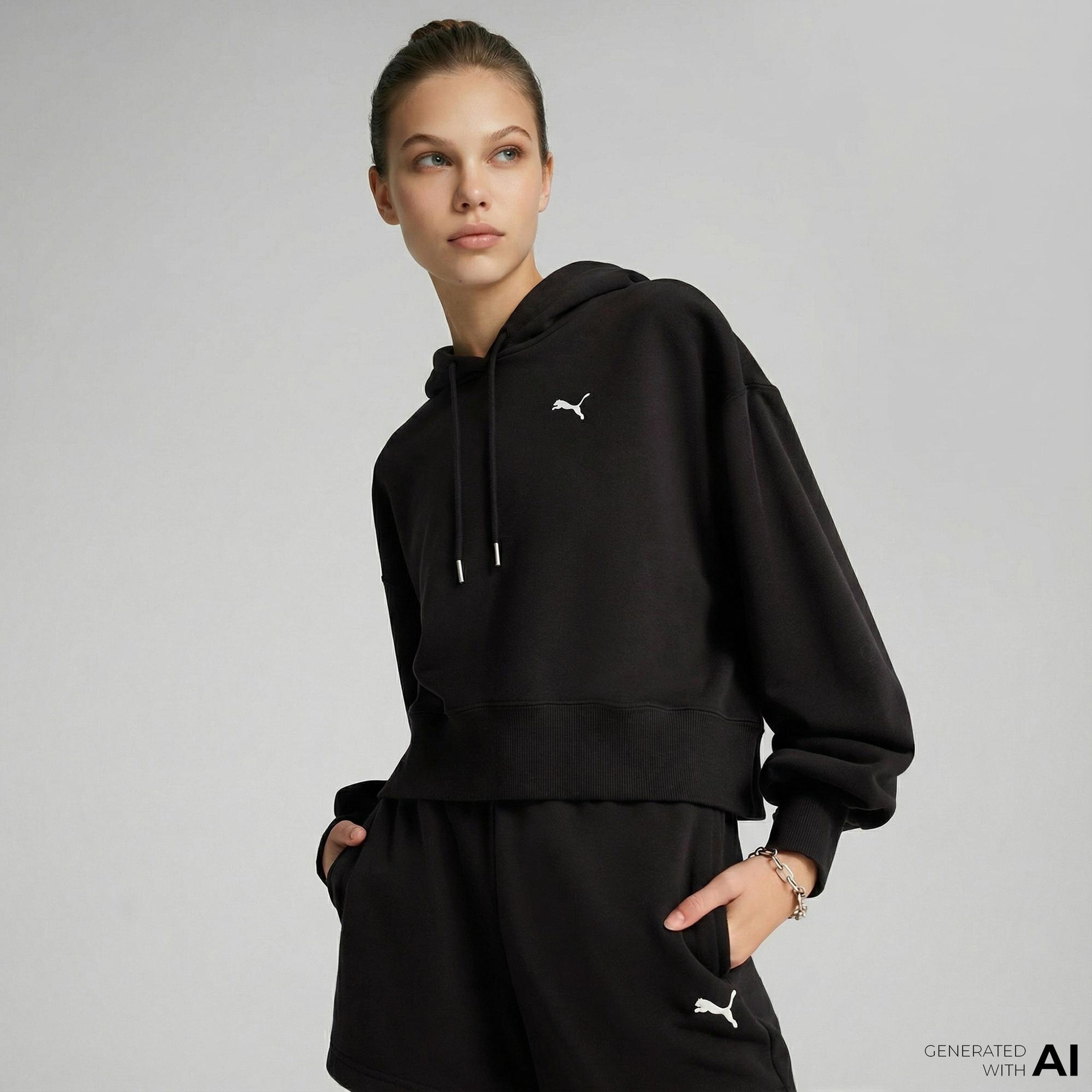 Puma Wardrobe Essential Relaxed Cropped  Kadın Siyah Sweatshirt