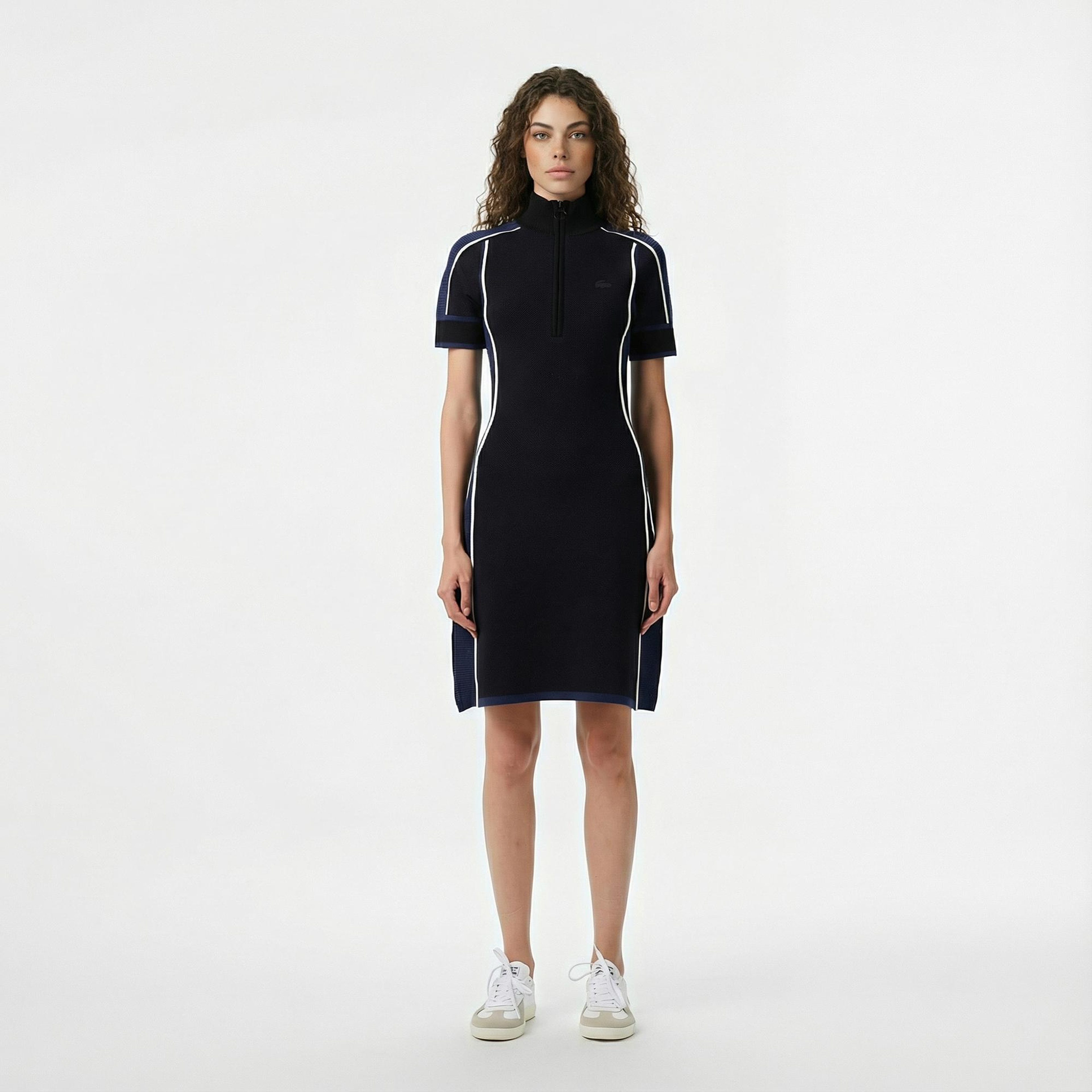 Lacoste Kadın Classic Fit Kısa Kollu Yarım Fermuarlı Renk Bloklu Siyah Elbise