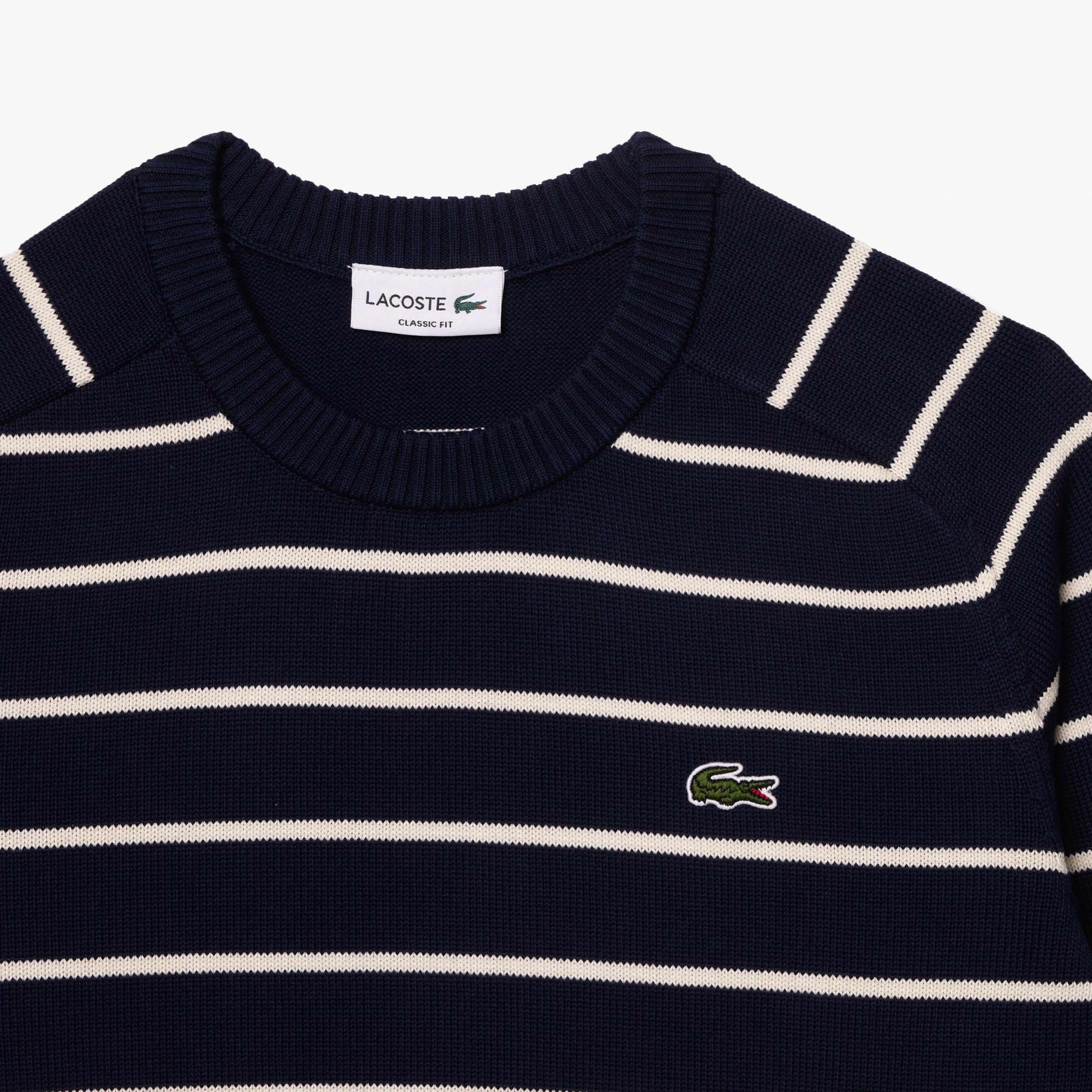 Lacoste Erkek Classic Fit Bisiklet Yaka Çizgili Lacivert Kazak