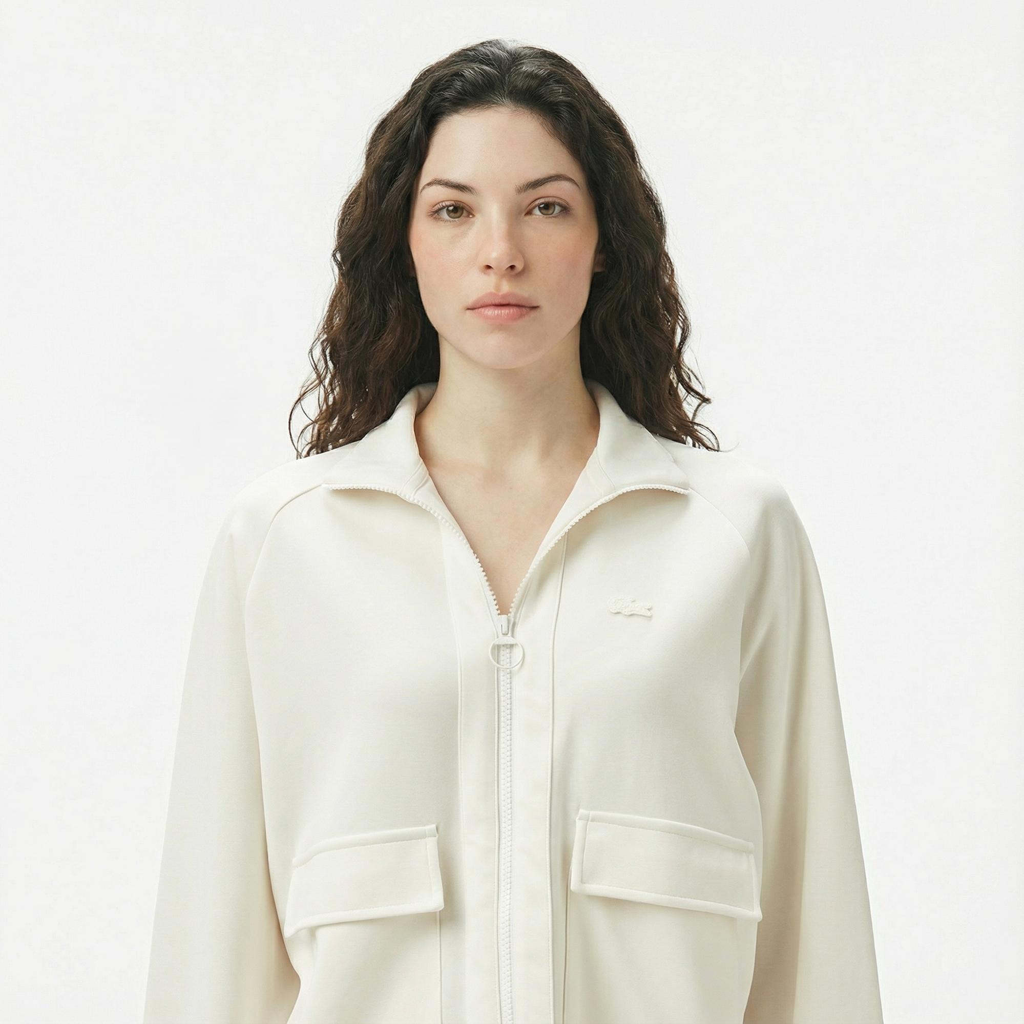 Lacoste Kadın Loose Fit Fermuarlı Beyaz Sweatshirt