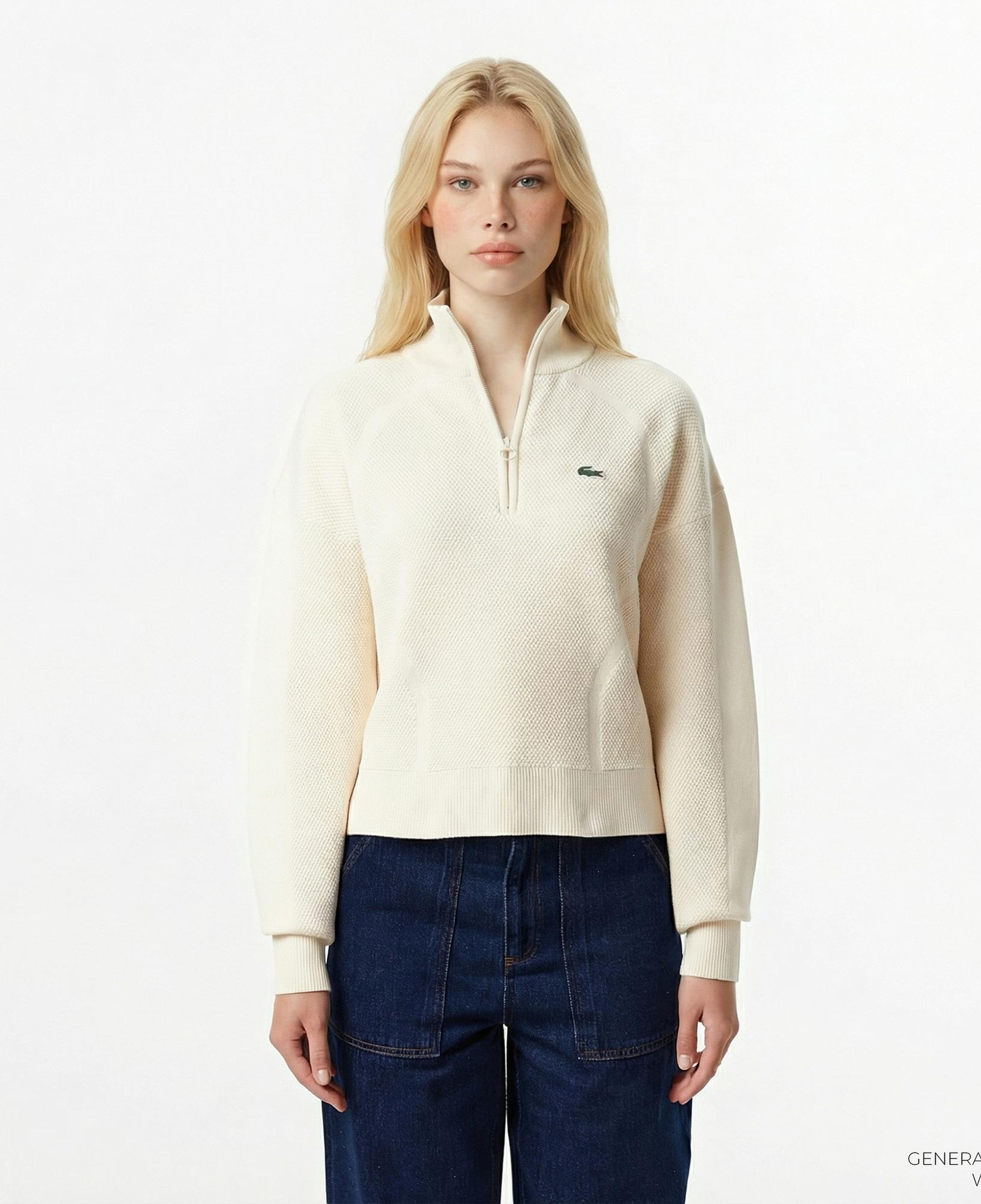 Lacoste Kadın Relaxed Fit Yarım Fermuarlı Krem Kazak