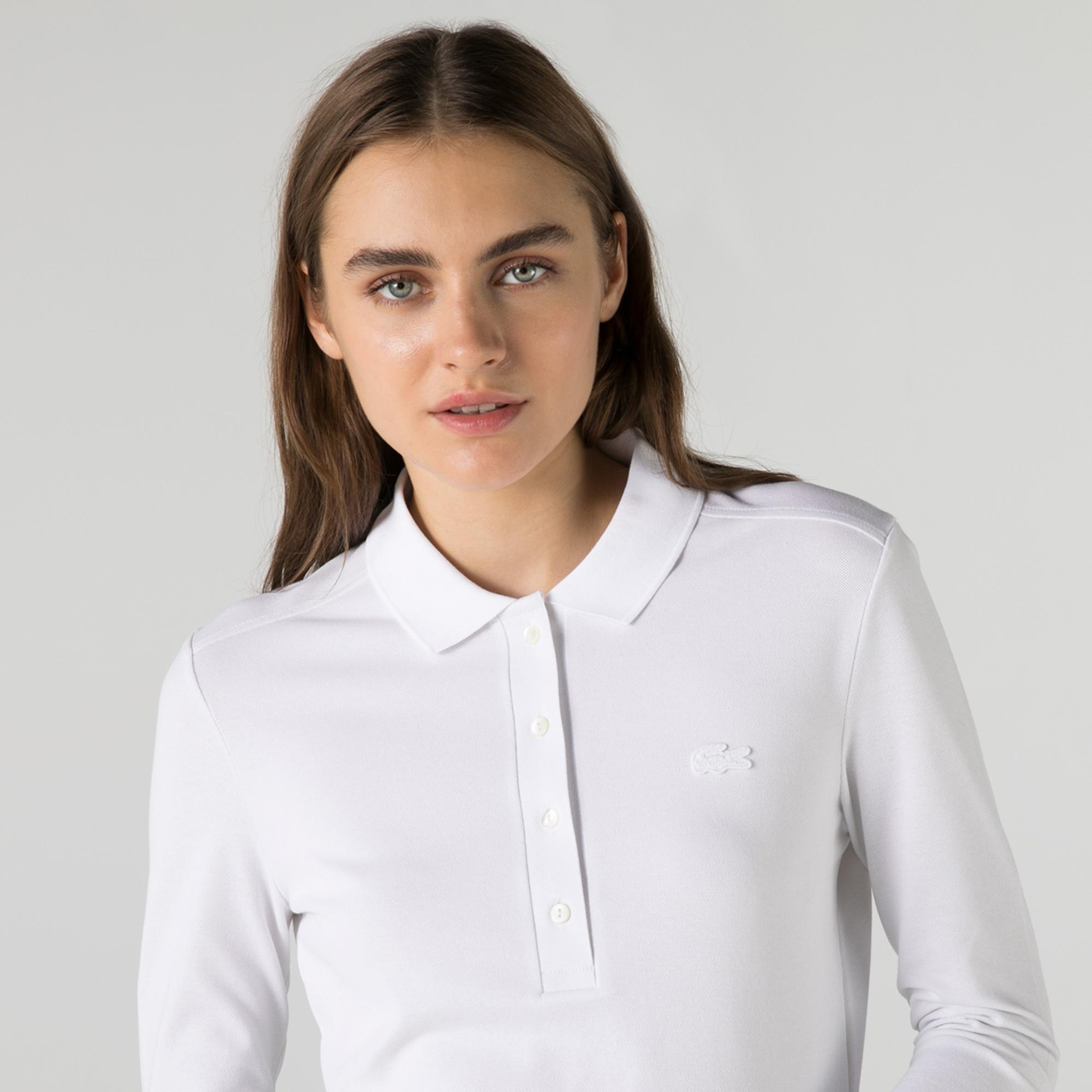 Lacoste Kadın Slim Fit Uzun Kollu Beyaz Polo