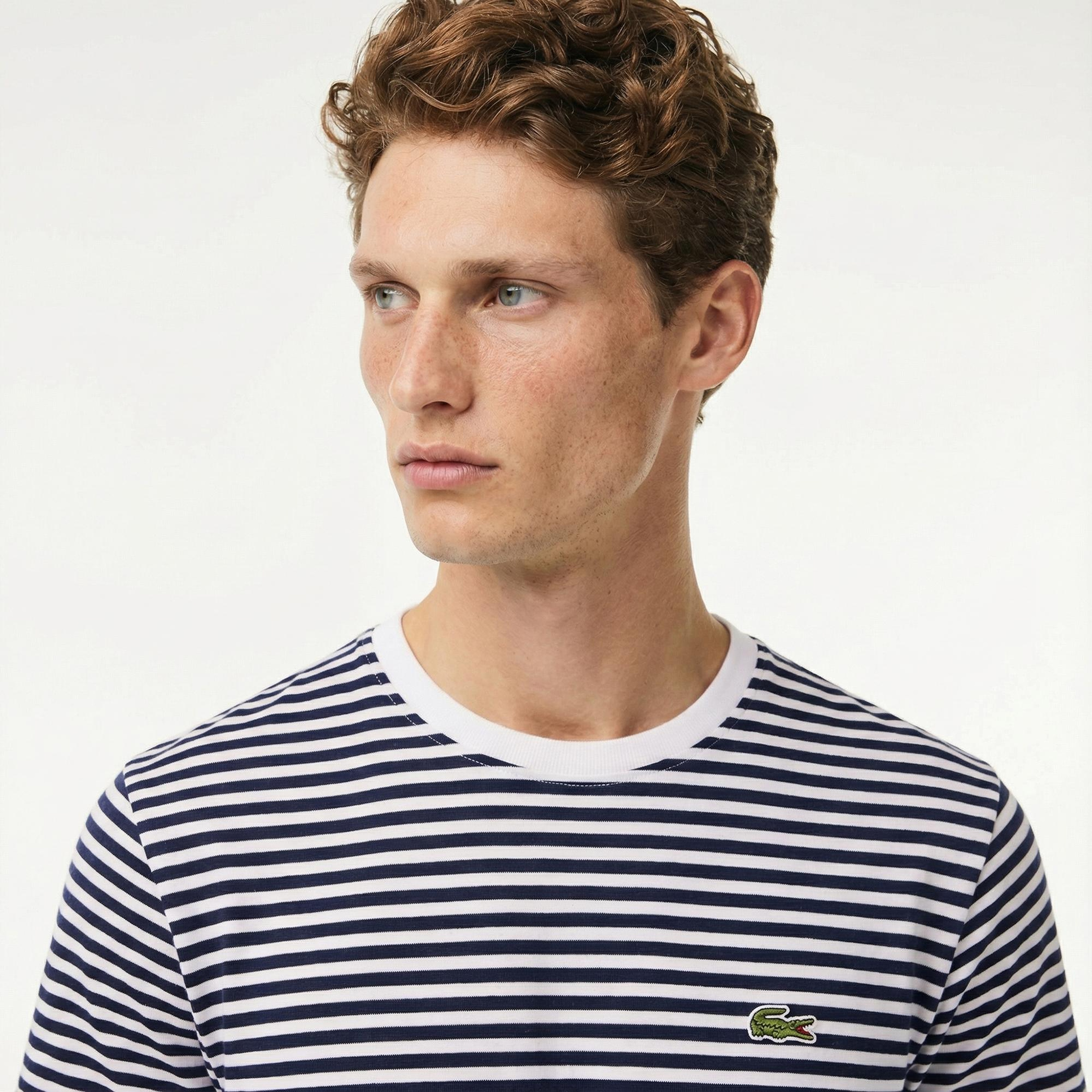 Lacoste Erkek Classic Fit Bisiklet Yaka Çizgili Beyaz T-Shirt