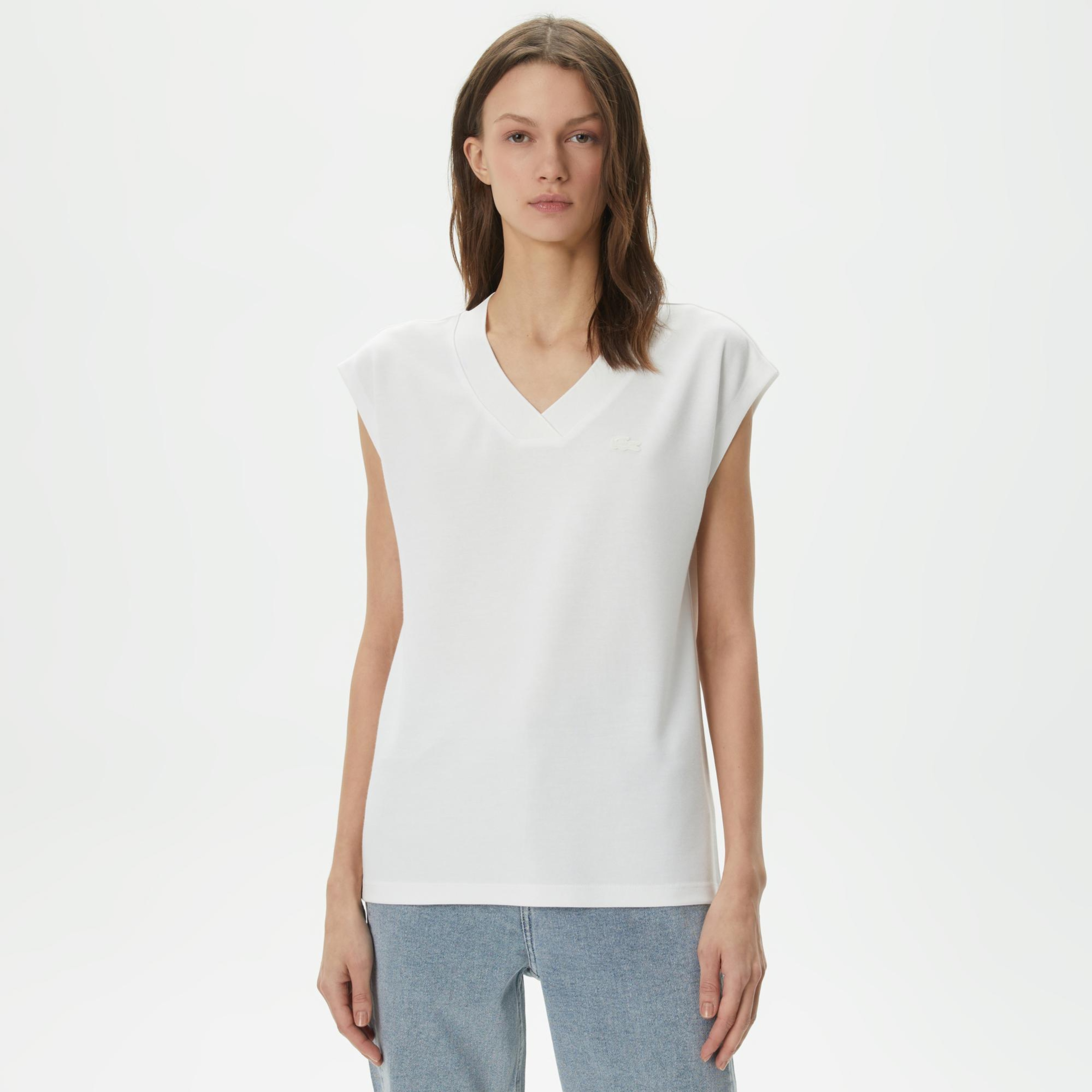 Lacoste Kadın Slim Fit V Yaka Beyaz T-Shirt