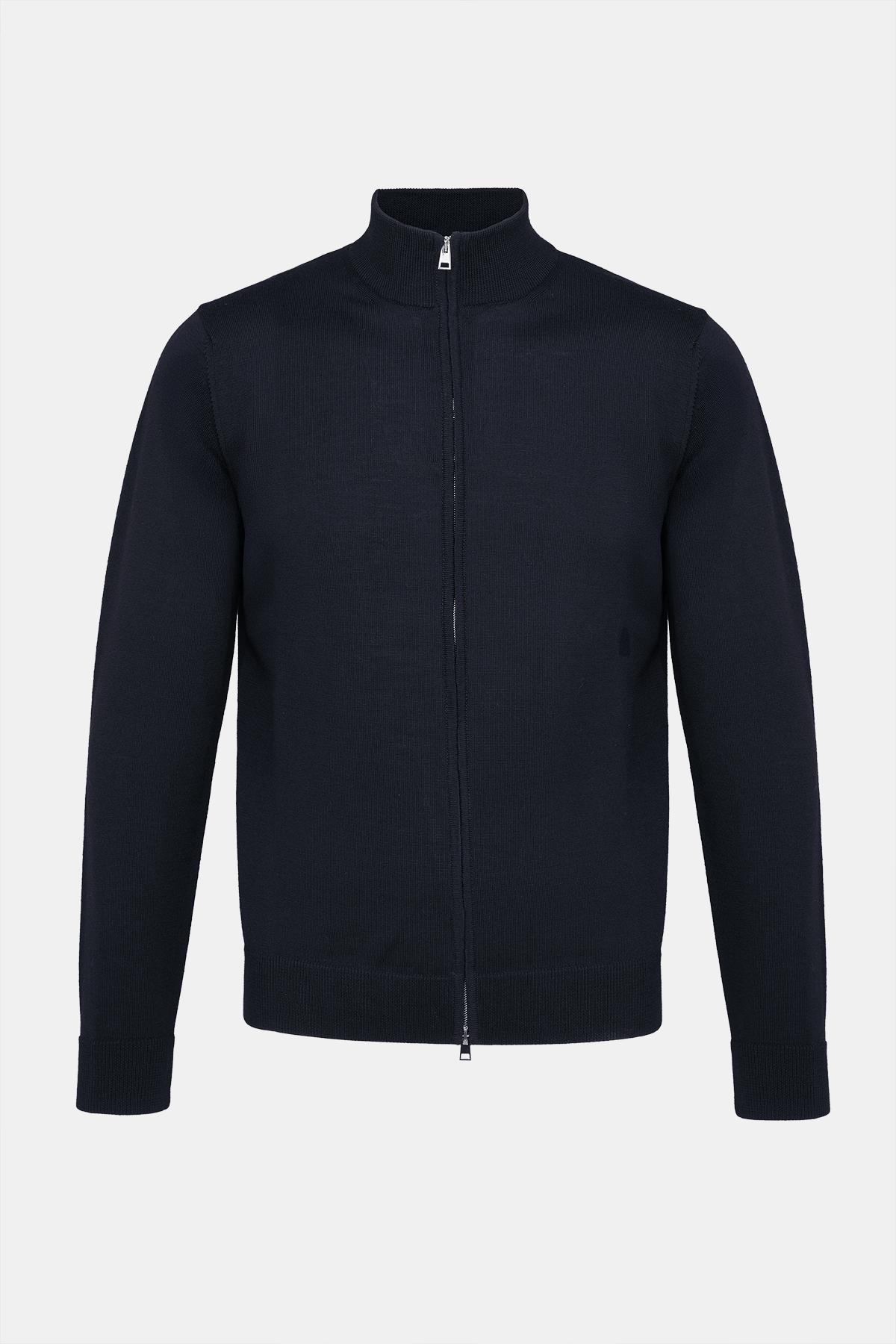 Erkek Lacivert Extrafine Yün Fermuarlı Hırka