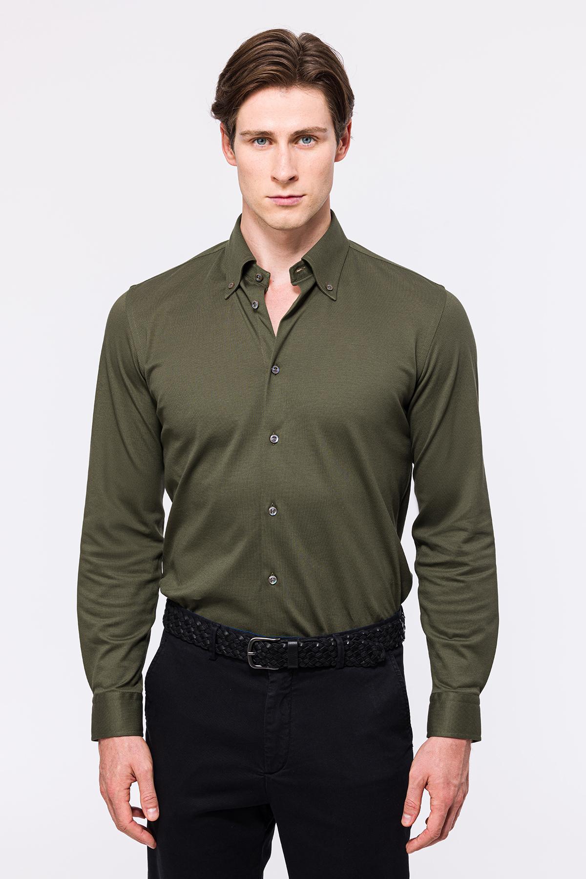 Erkek Yeşil Cooper Fit Düğmeli Yaka Pike Gömlek
