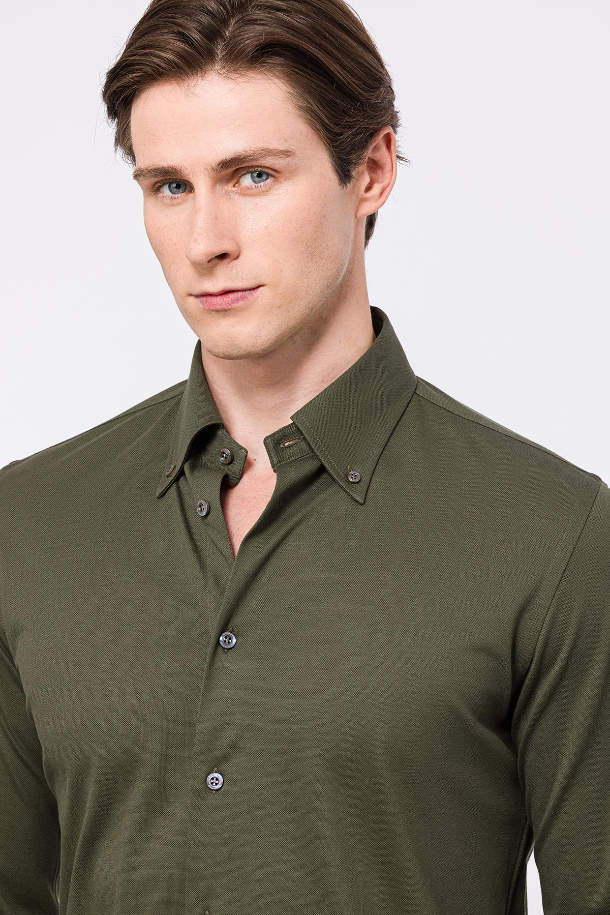 Erkek Yeşil Cooper Fit Düğmeli Yaka Pike Gömlek
