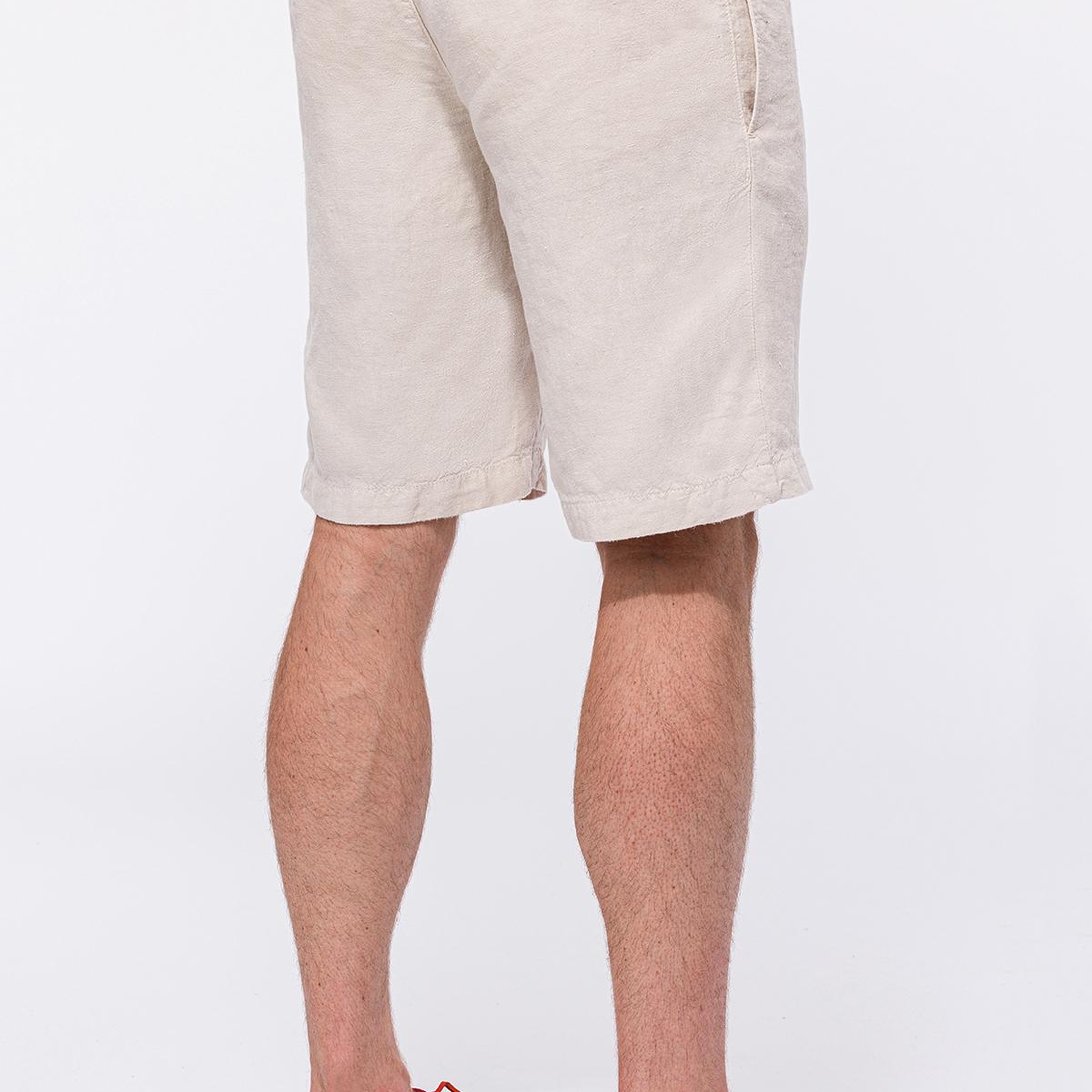 Erkek Bej Beli Lastikli Bağcıklı Keten Şort