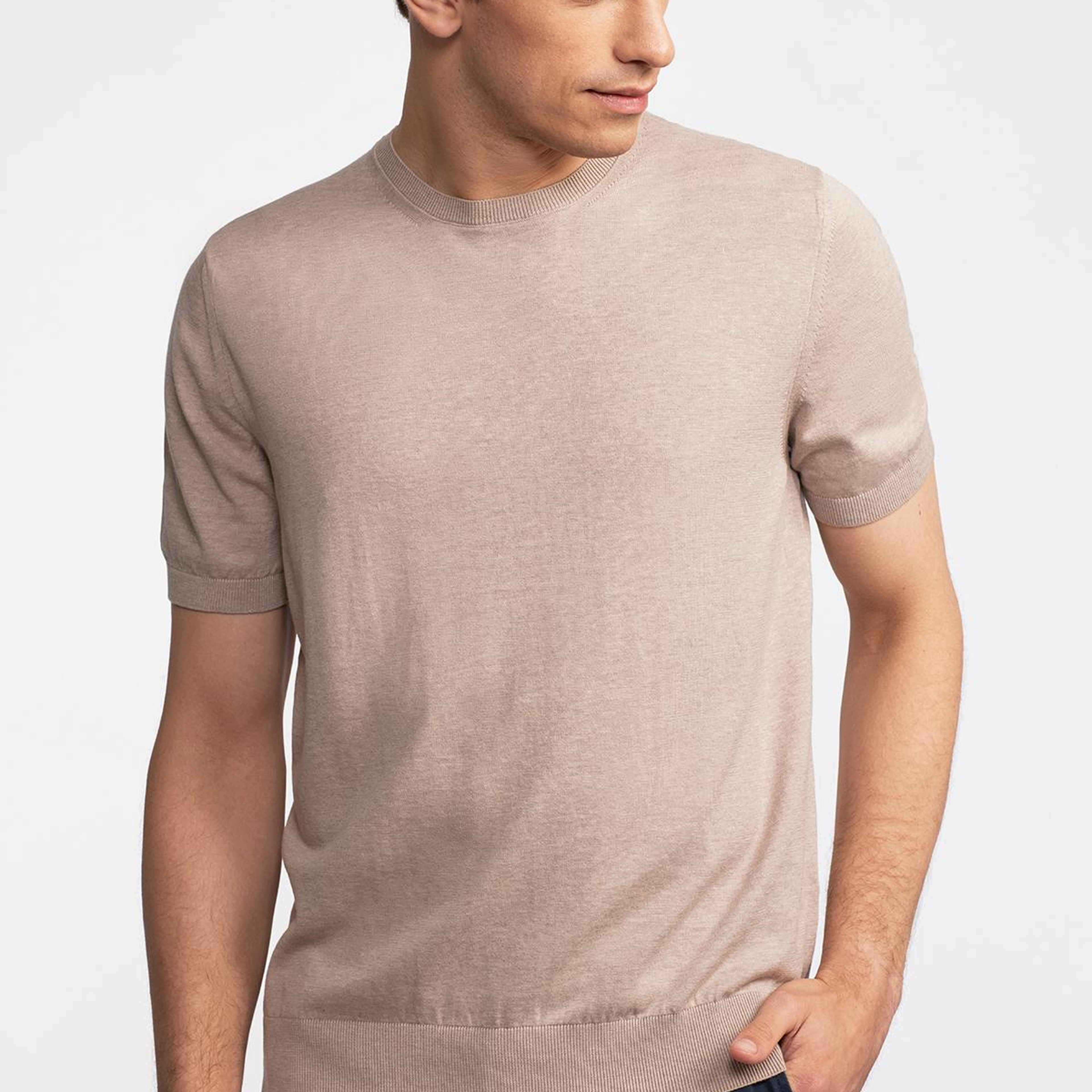 Erkek Bej Kısa Kollu Bisiklet Yaka Kazak