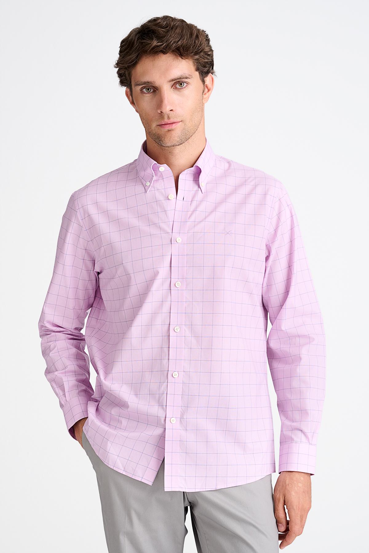 Erkek Pembe Cooper Fit Düğmeli Yaka Ekoseli Spor Gömlek