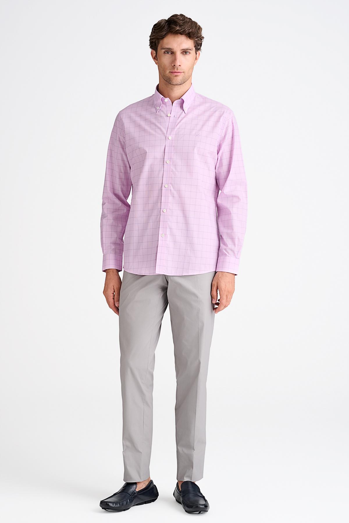 Erkek Pembe Cooper Fit Düğmeli Yaka Ekoseli Spor Gömlek