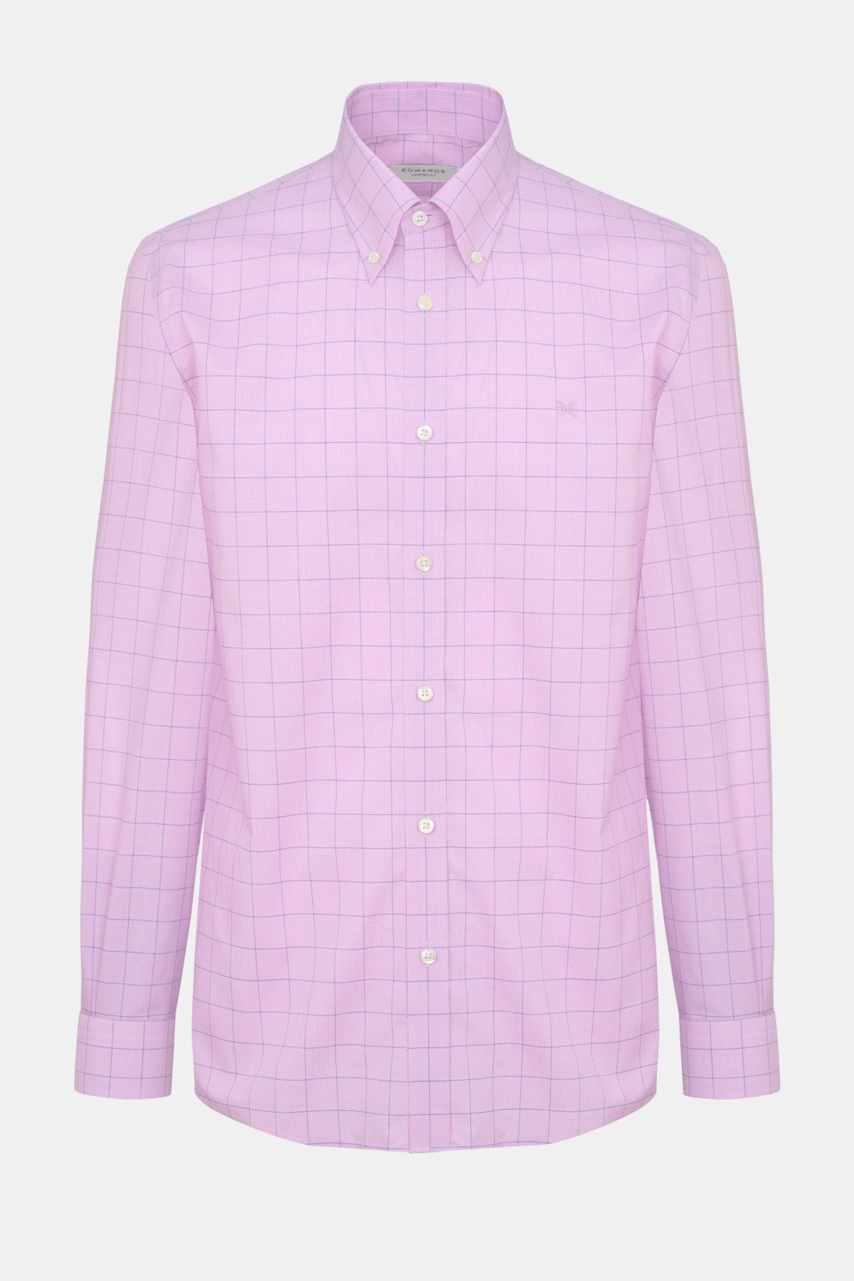 Erkek Pembe Cooper Fit Düğmeli Yaka Ekoseli Spor Gömlek