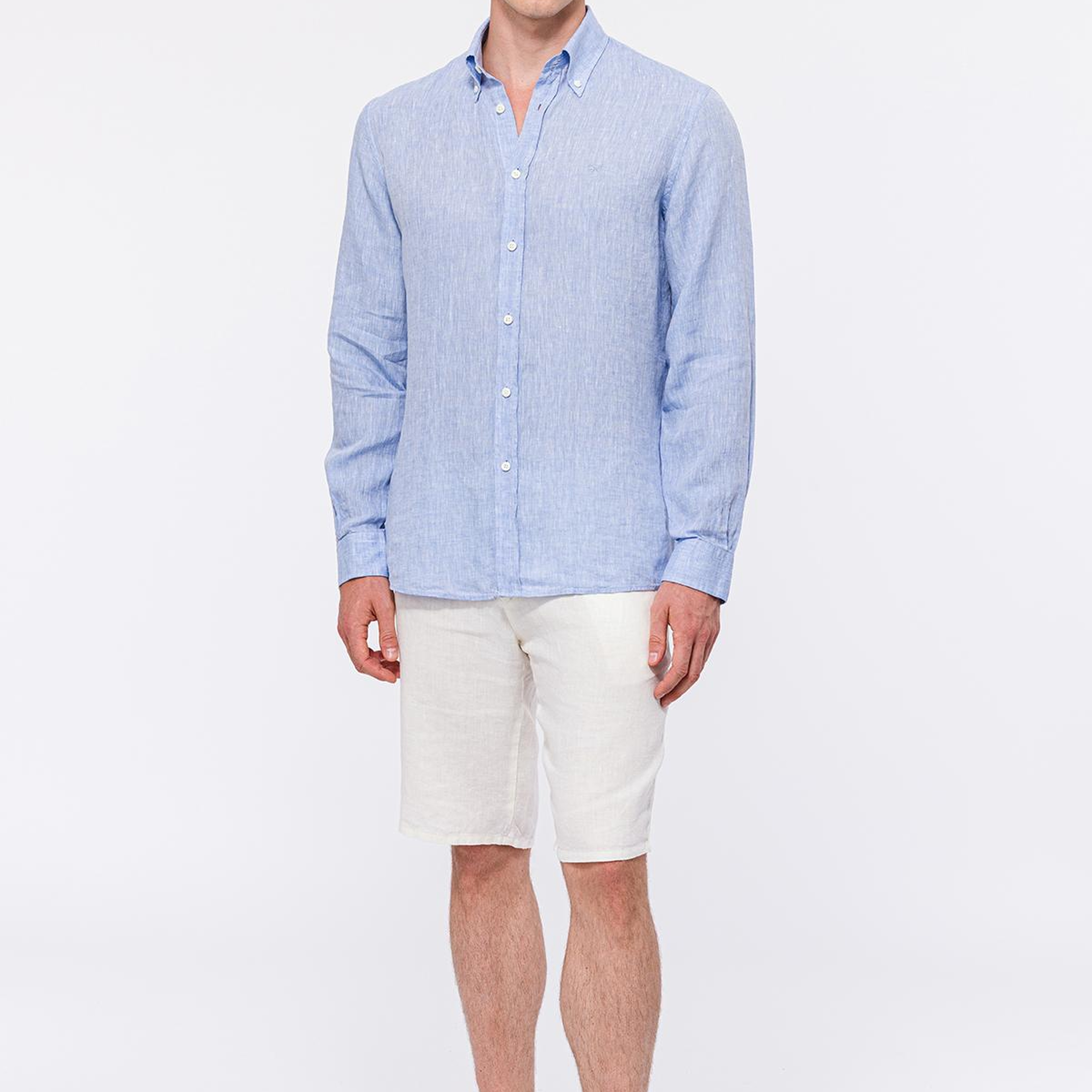 Erkek Açık Mavi Cooper Fit Düğmeli Yaka Keten Gömlek