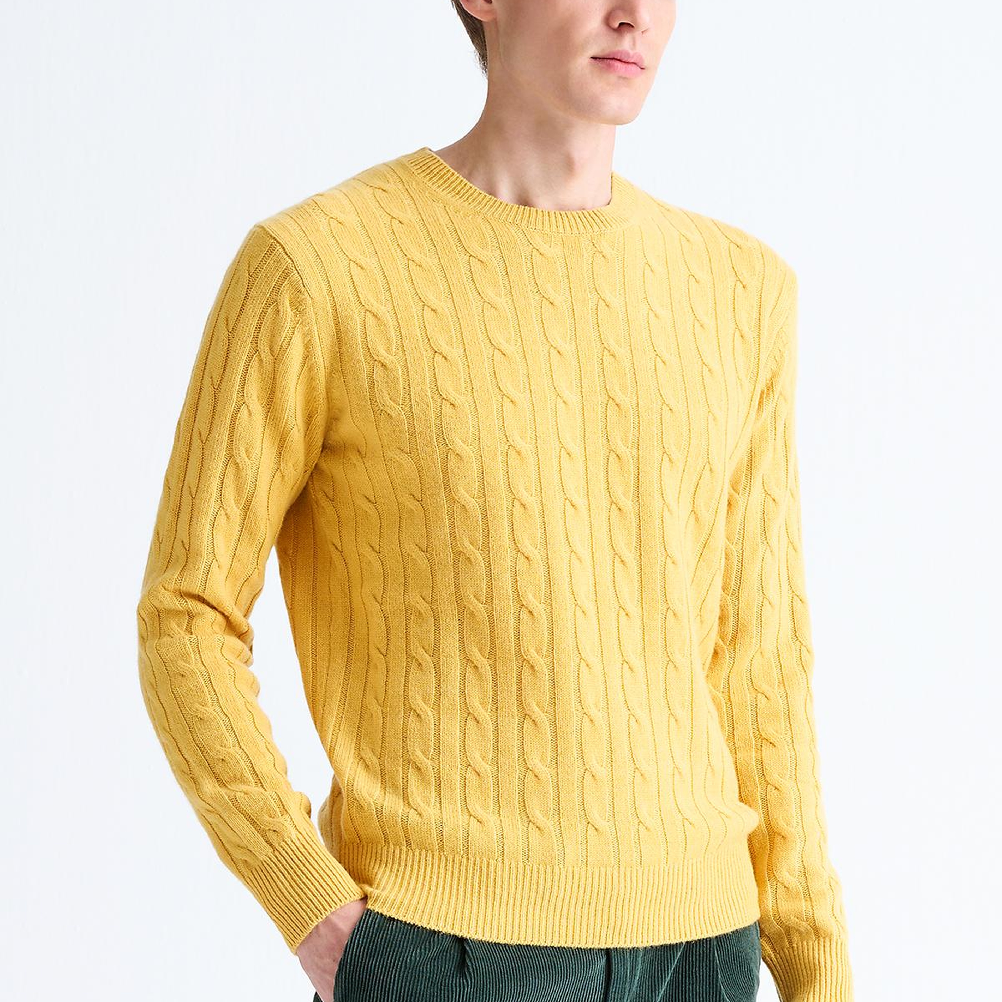 Erkek Sarı Bisiklet Yaka Saç Örgülü Kaşmir Kazak