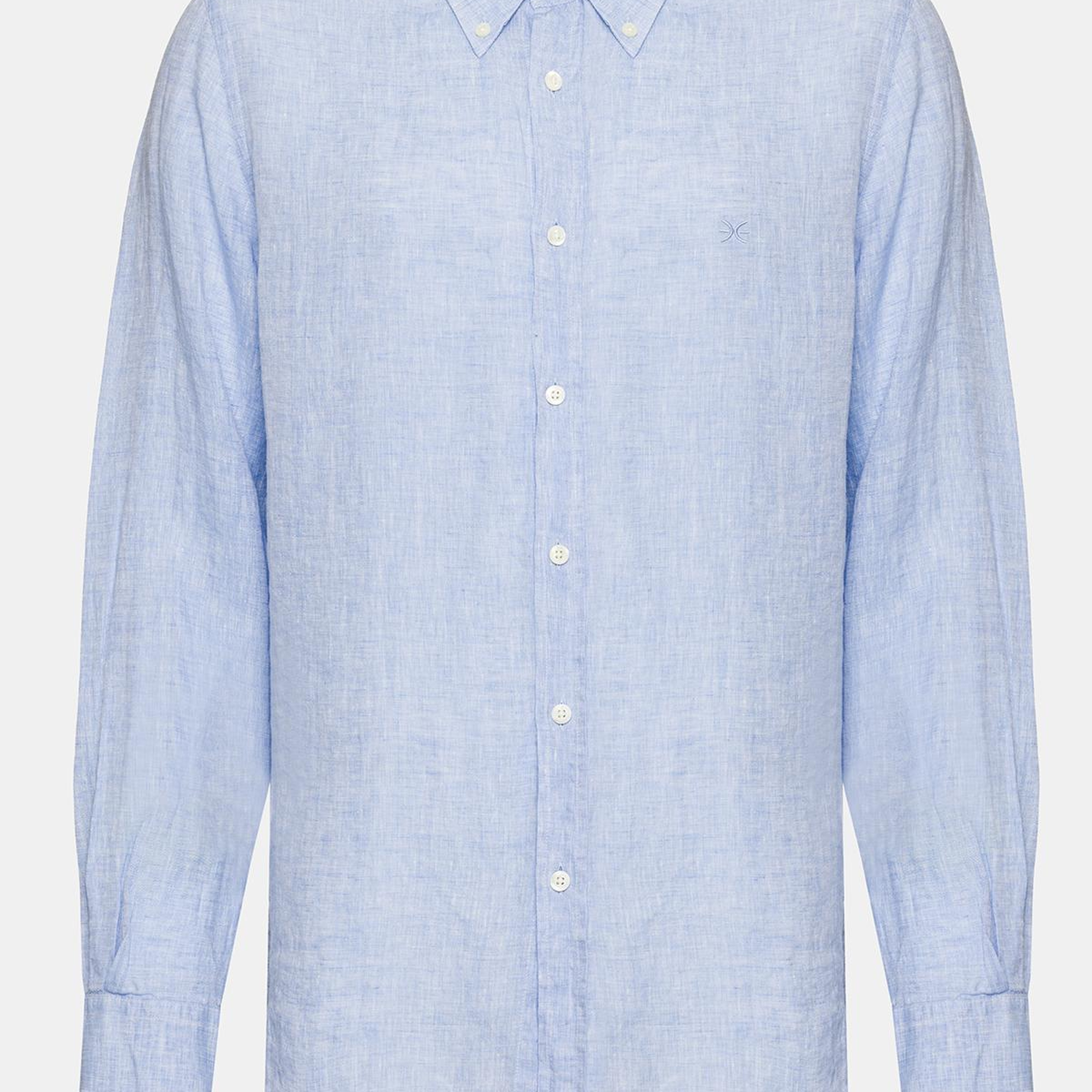 Erkek Açık Mavi Cooper Fit Düğmeli Yaka Keten Gömlek