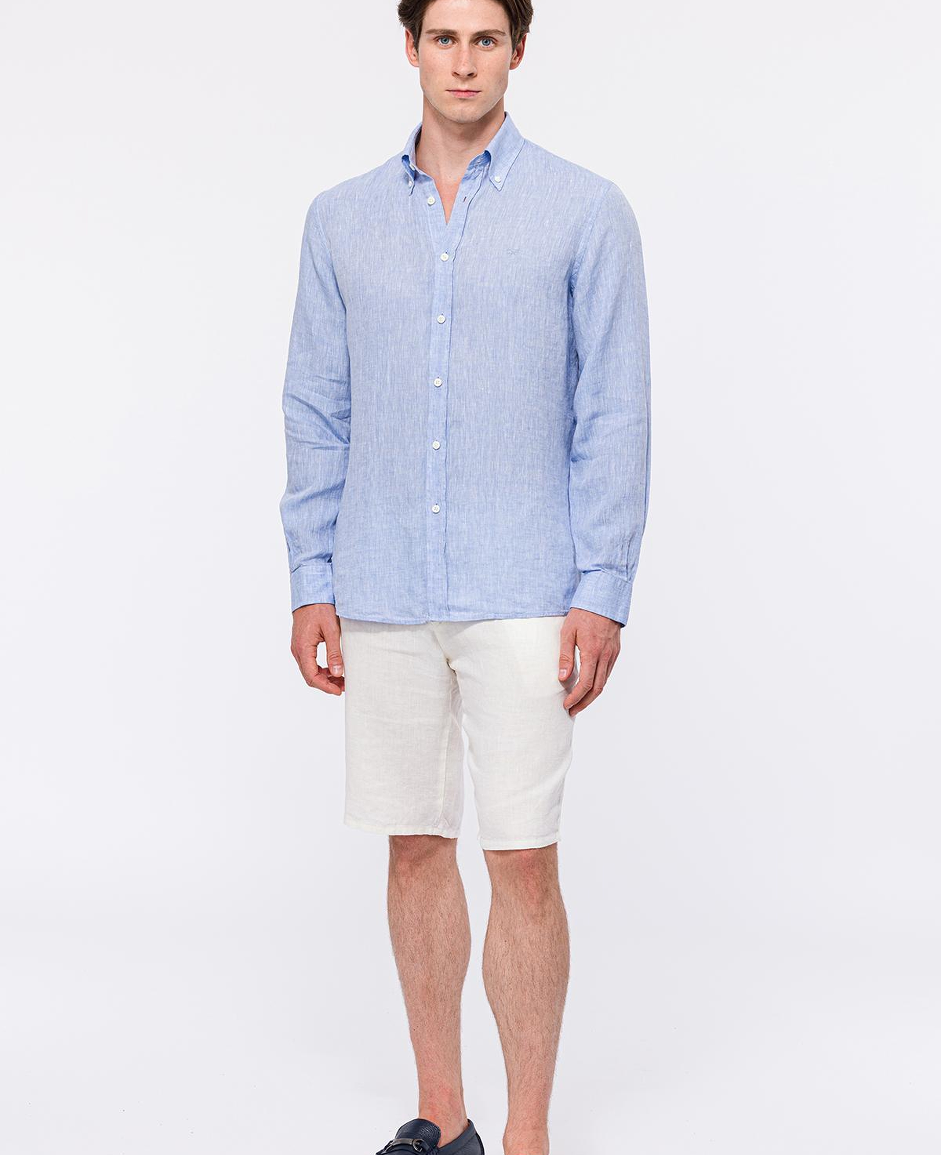 Erkek Açık Mavi Cooper Fit Düğmeli Yaka Keten Gömlek