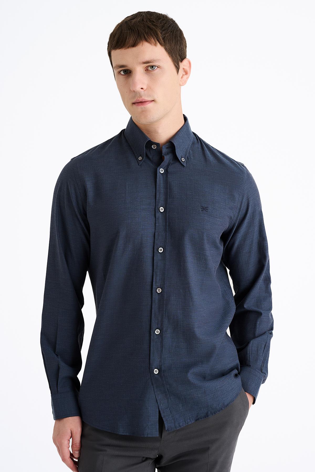 Erkek Lacivert Cooper Fit Düğmeli Yaka Flannel Spor Gömlek