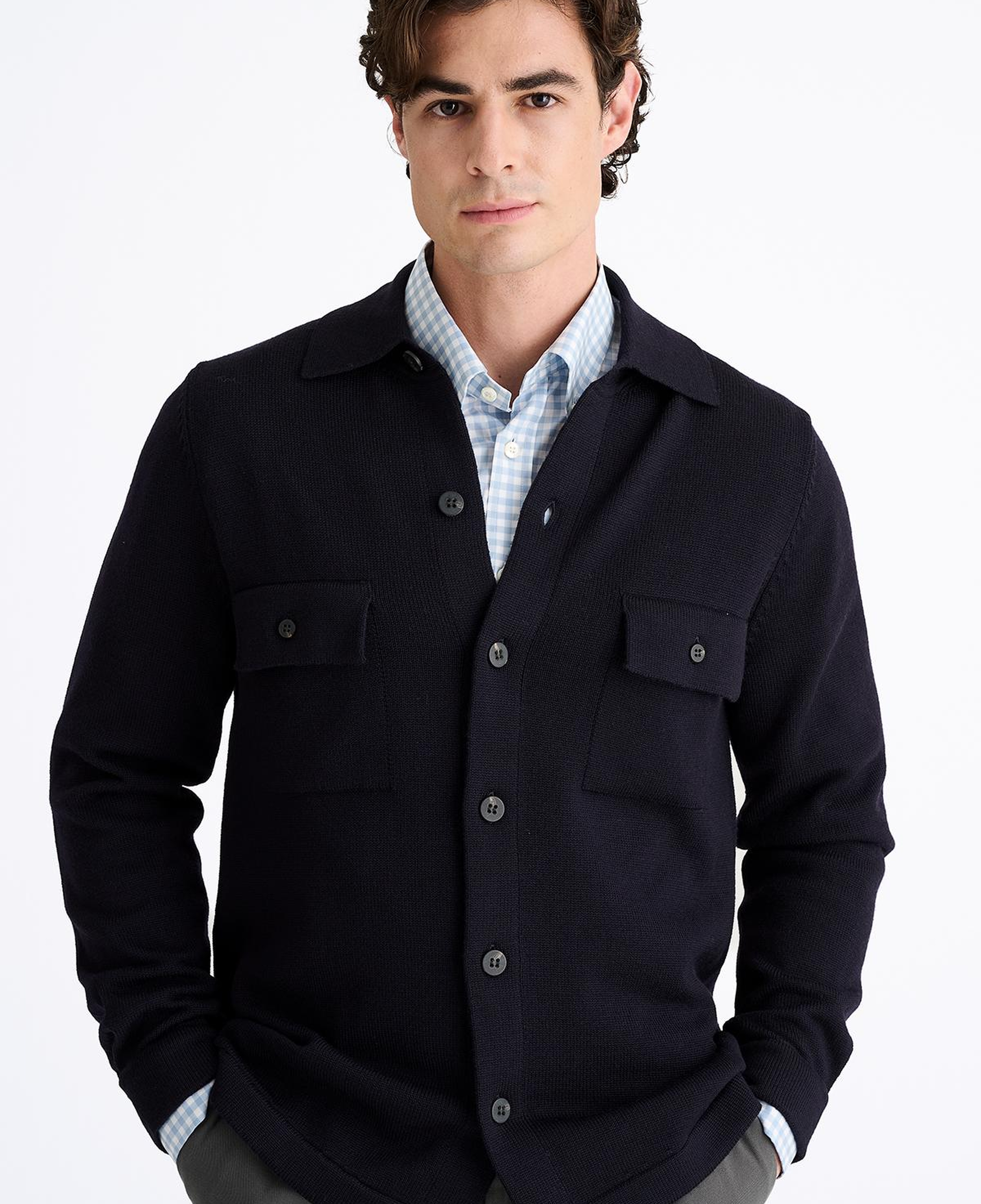 Erkek Lacivert Extrafine Yün Overshirt Triko