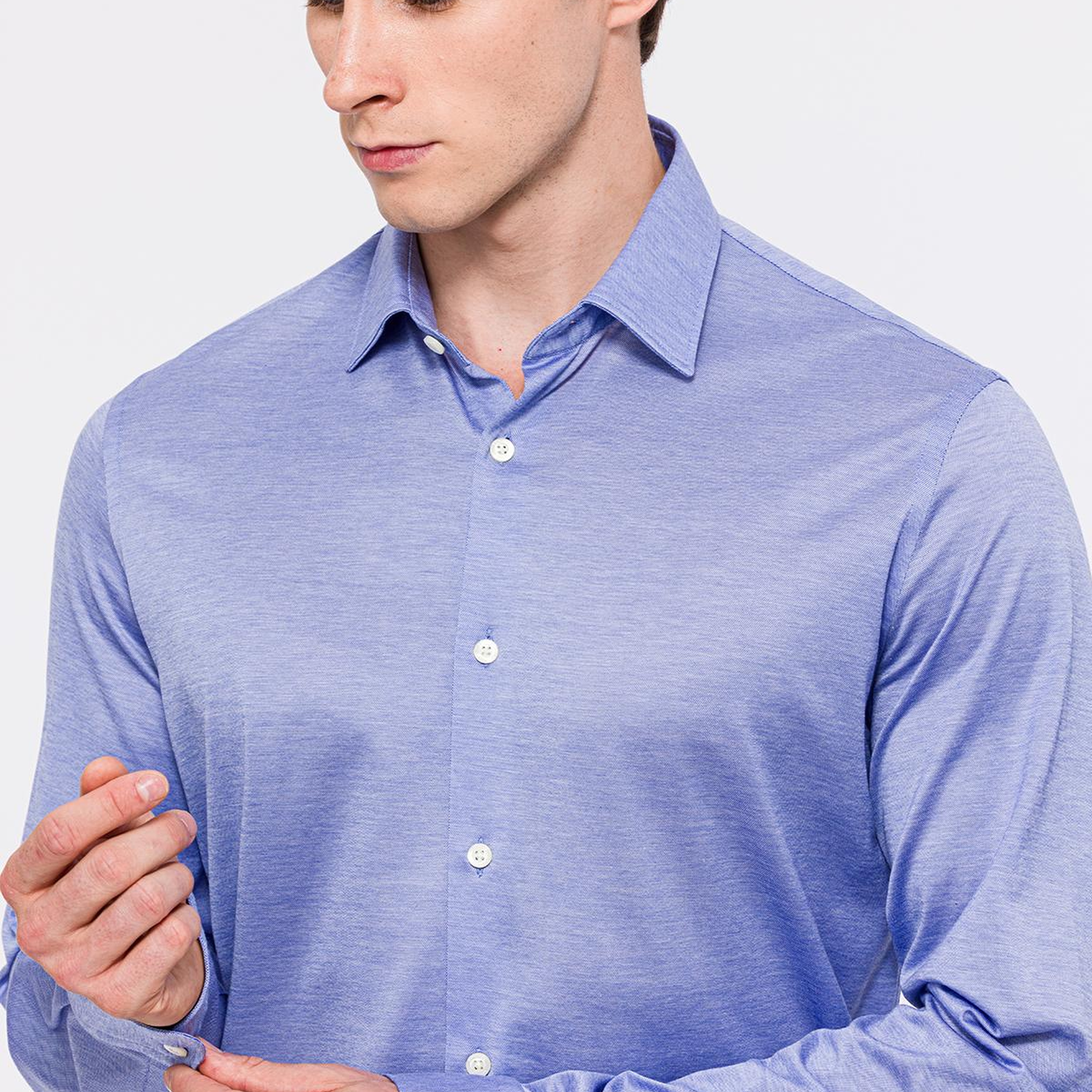 Erkek Mavi Cooper Fit Düğmeli Yaka Jersey Gömlek