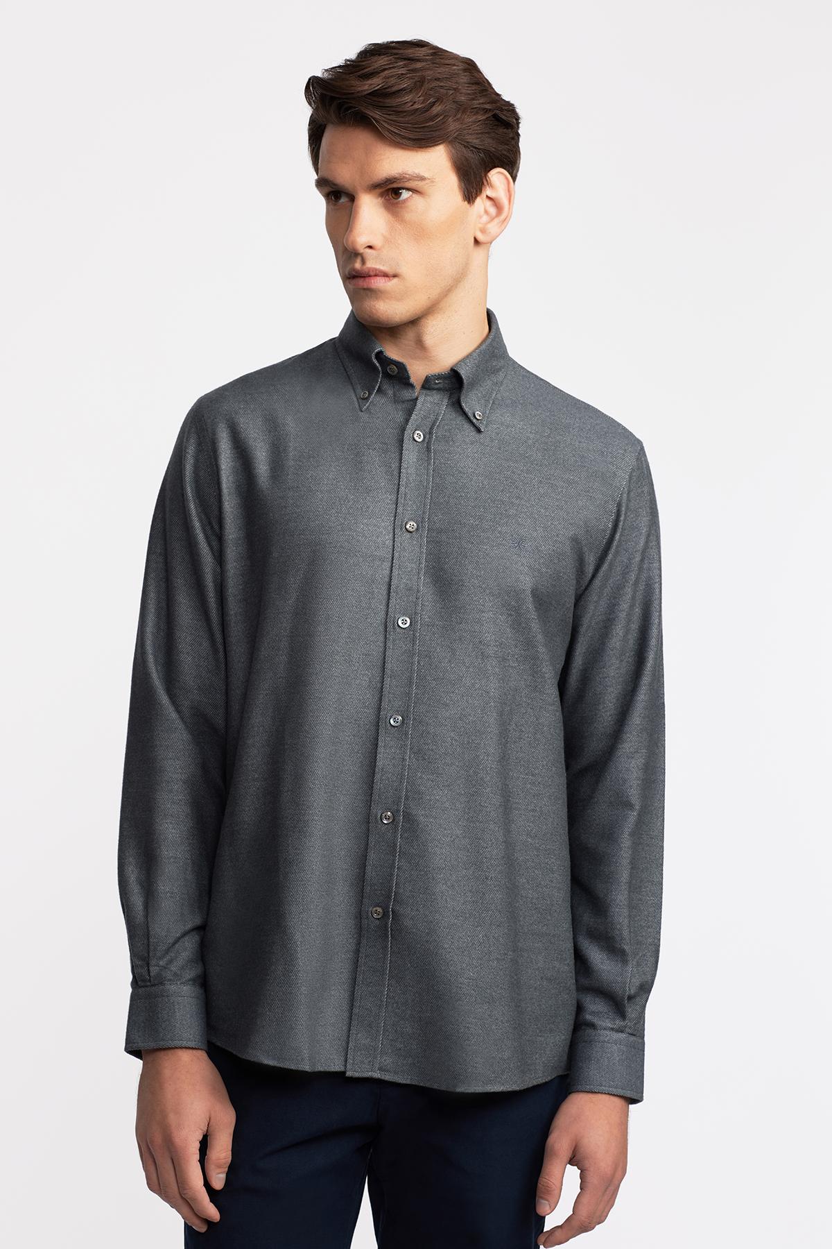 Erkek Koyu Gri Cooper Fit Düğmeli Yaka Flannel Gömlek
