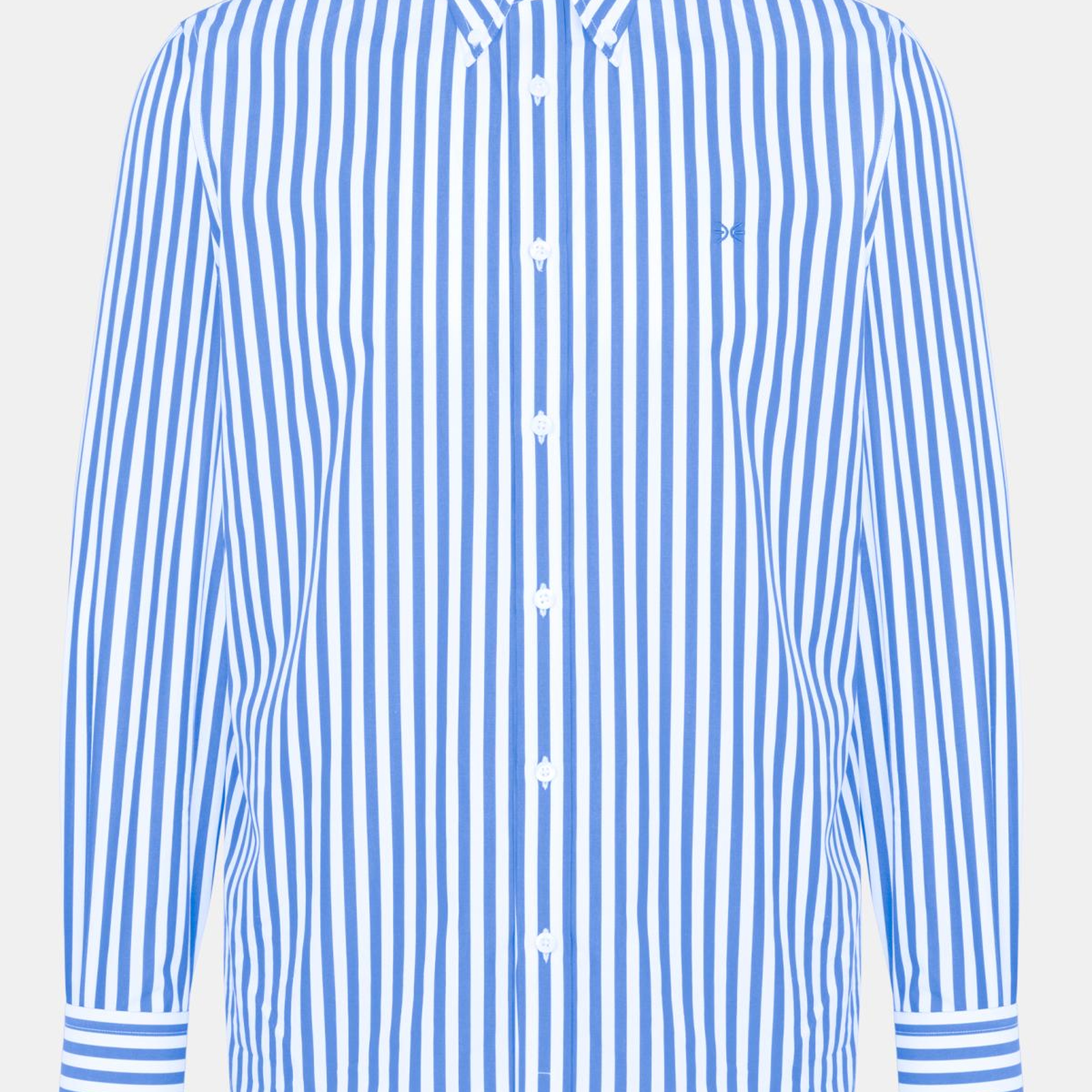 Erkek Mavi Cooper Fit Düğmeli Yaka Çizgili Spor Gömlek