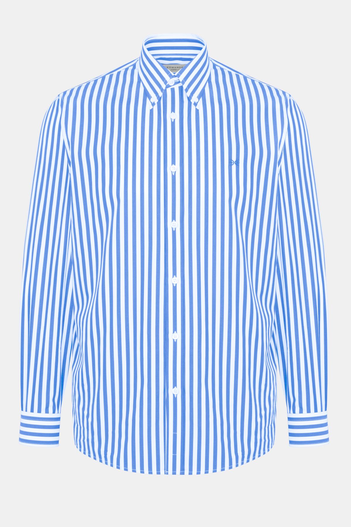 Erkek Mavi Cooper Fit Düğmeli Yaka Çizgili Spor Gömlek