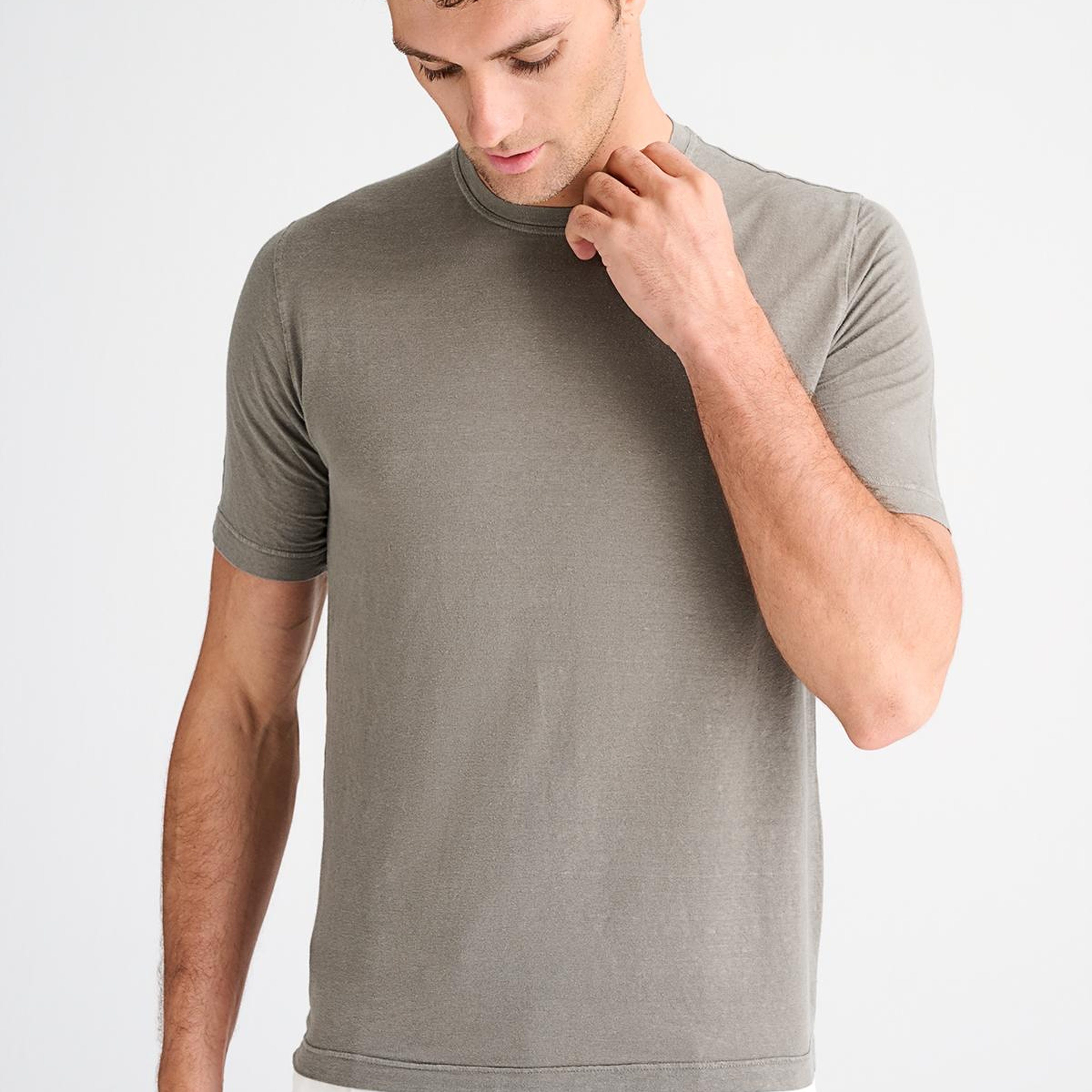 Erkek Bej Bisiklet Yaka Keten T-Shirt