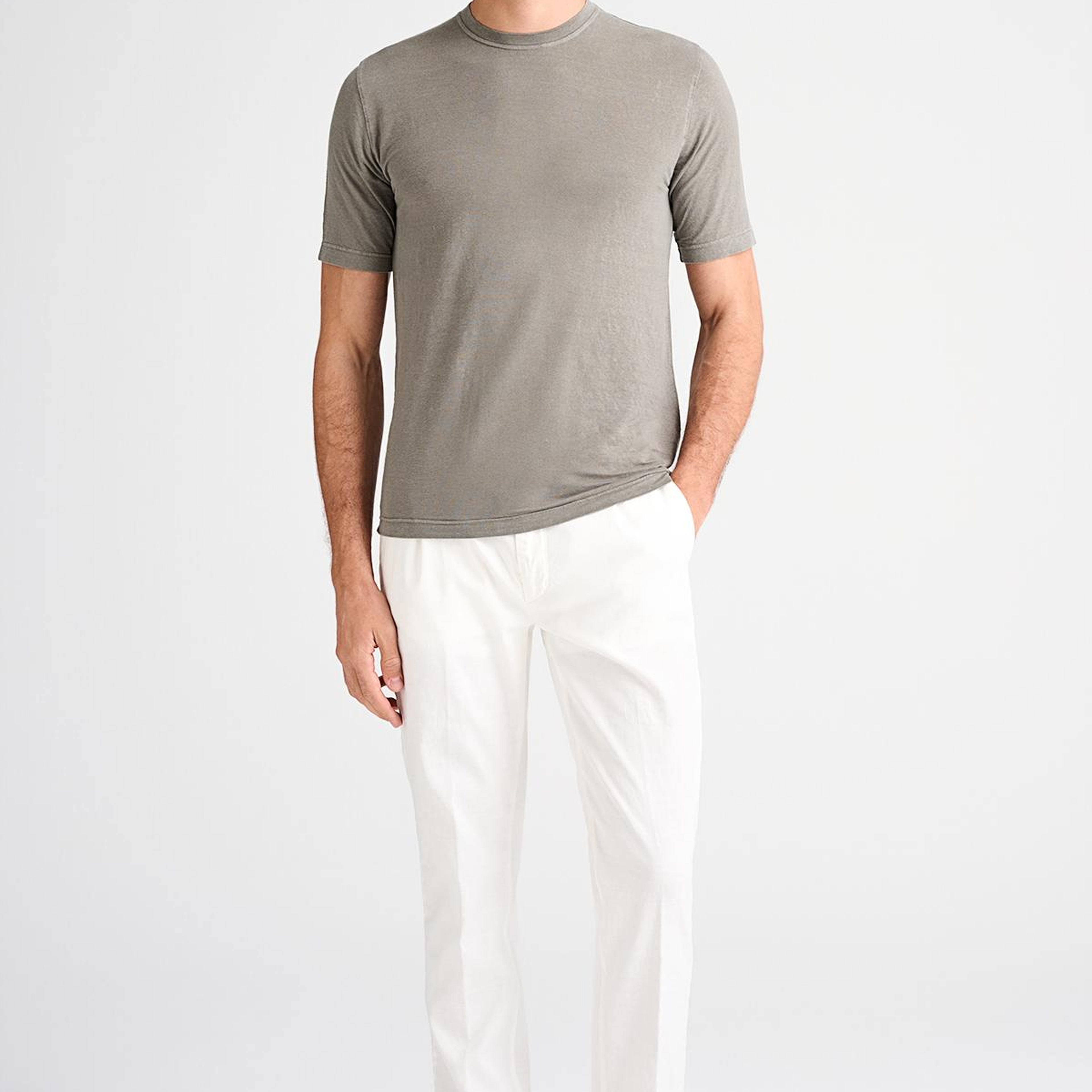 Erkek Bej Bisiklet Yaka Keten T-Shirt