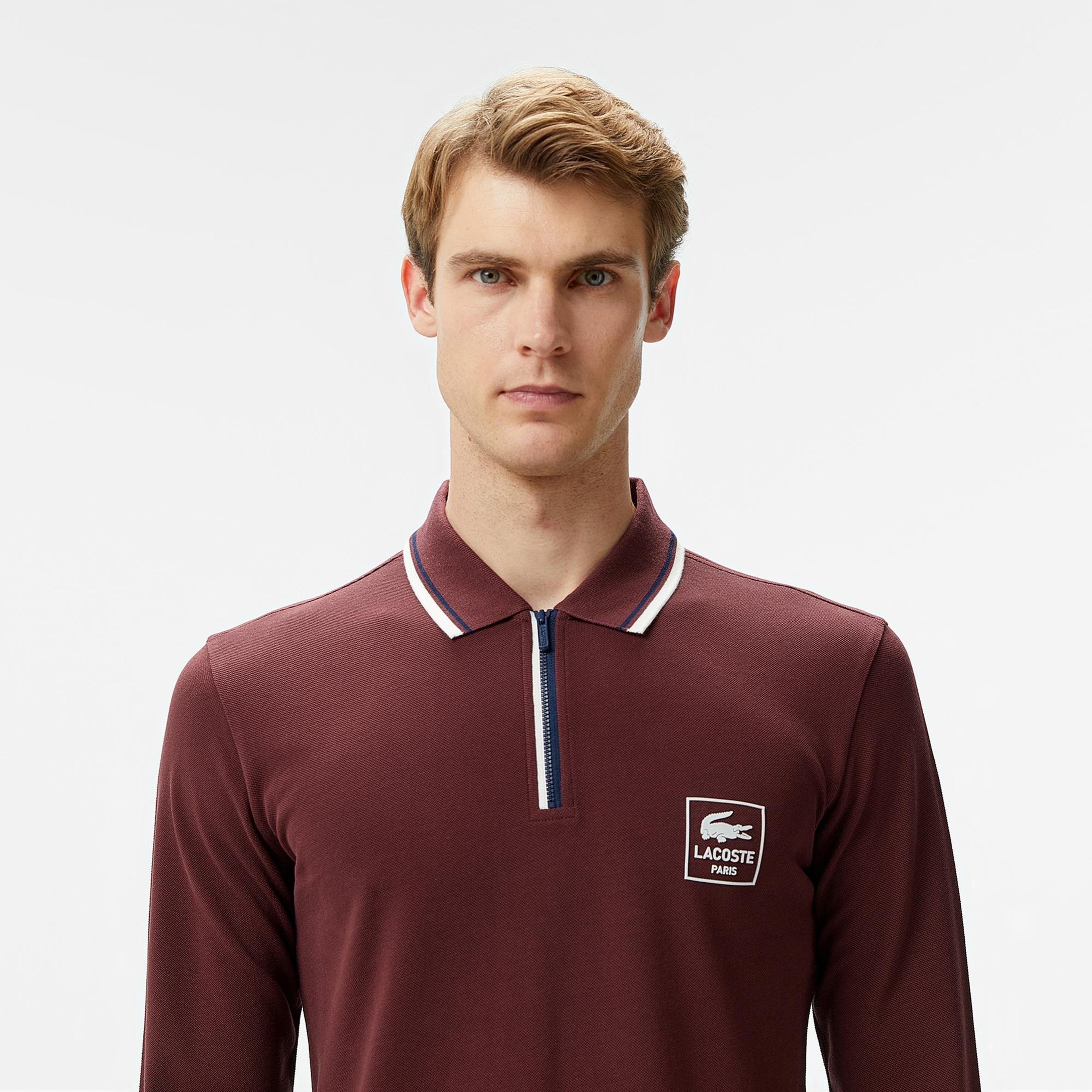 Lacoste Erkek Regular Fit Uzun Kollu Yarım Fermuarlı Bordo Polo
