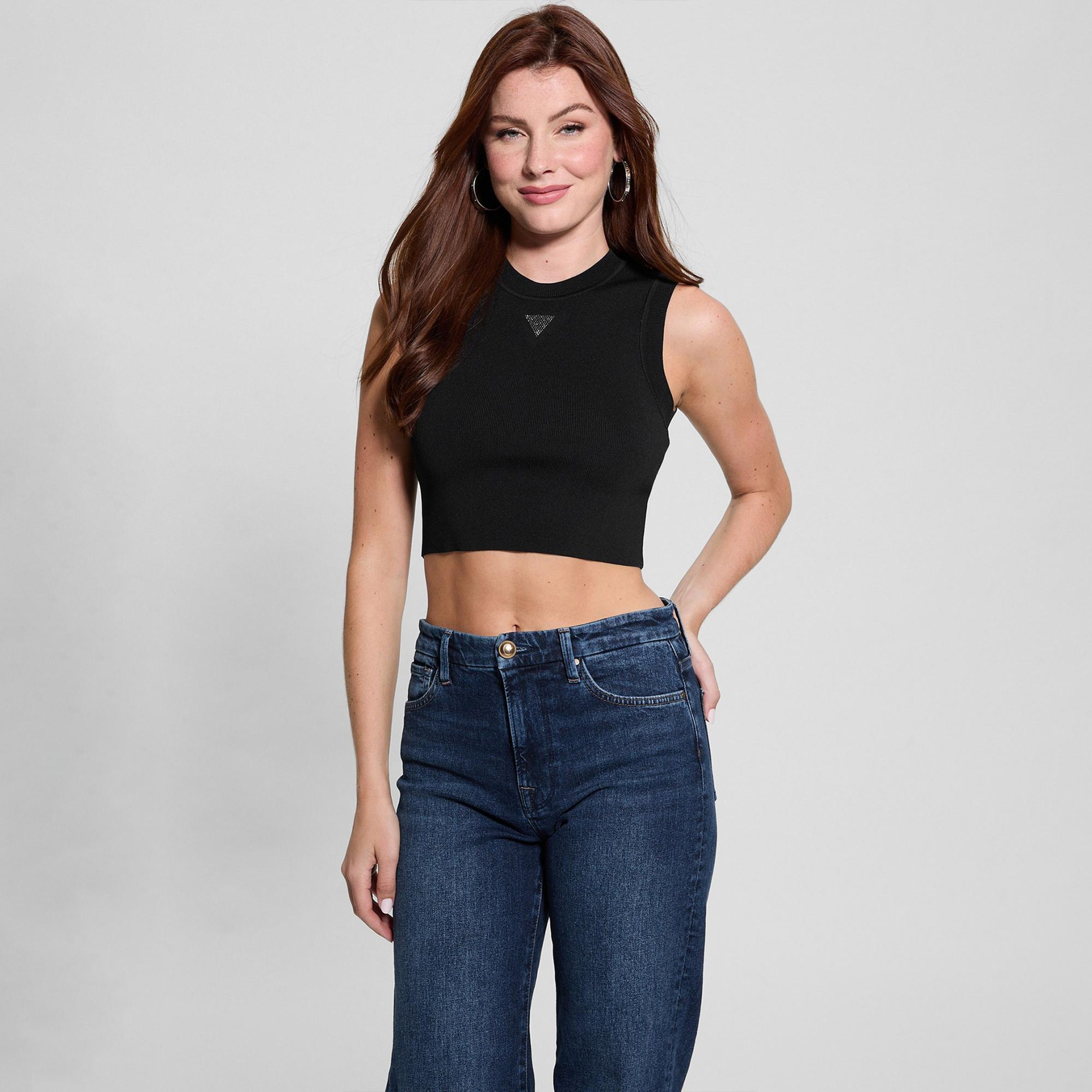 Guess Kadın Siyah Kolsuz T-Shirt