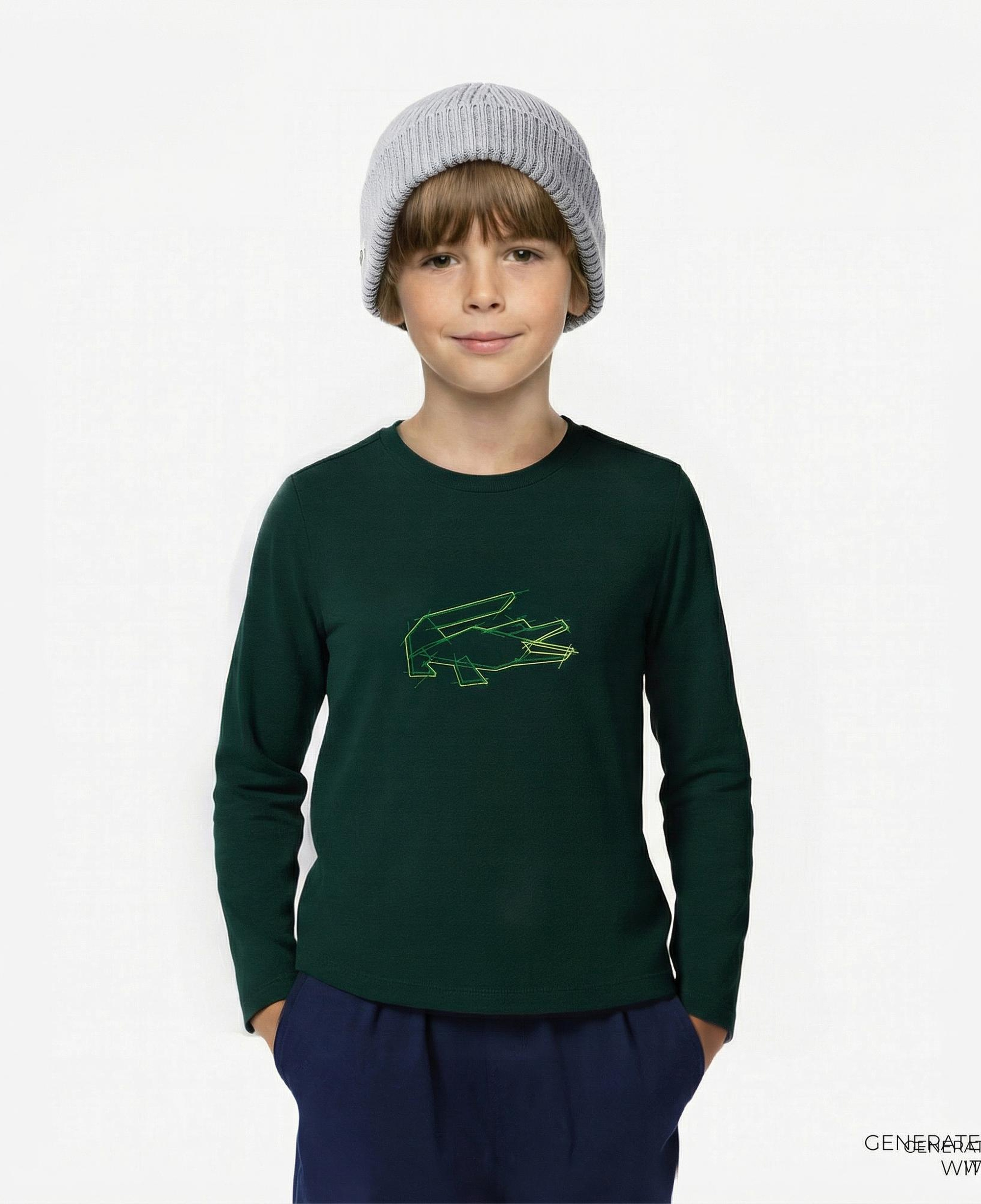 Lacoste Erkek Çocuk Uzun Kollu Bisiklet Yaka Baskılı Yeşil T-Shirt