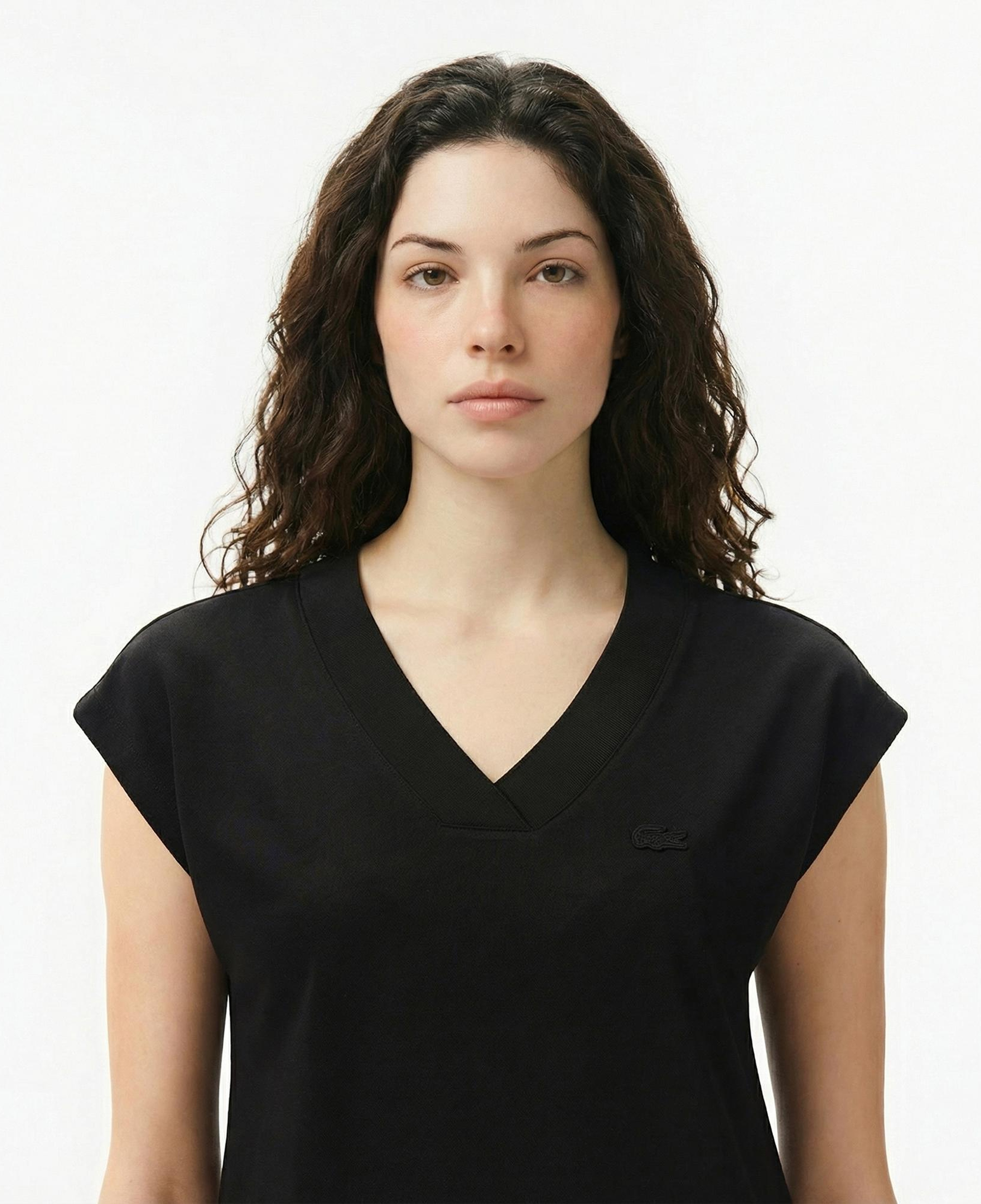 Lacoste Kadın Slim Fit V Yaka Siyah T-Shirt