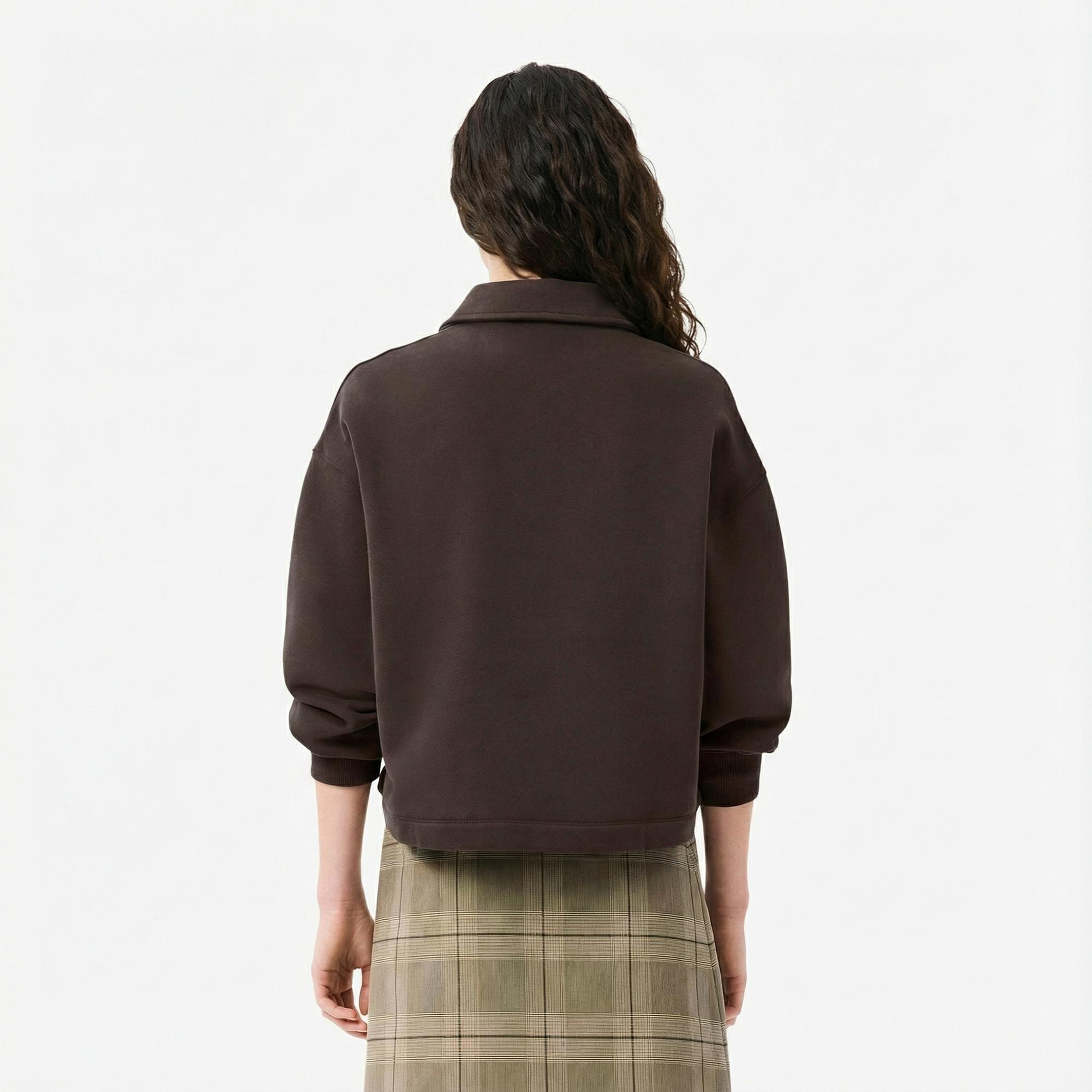 Lacoste Kadın Oversize Fit Polo Yaka Kahverengi Sweatshirt