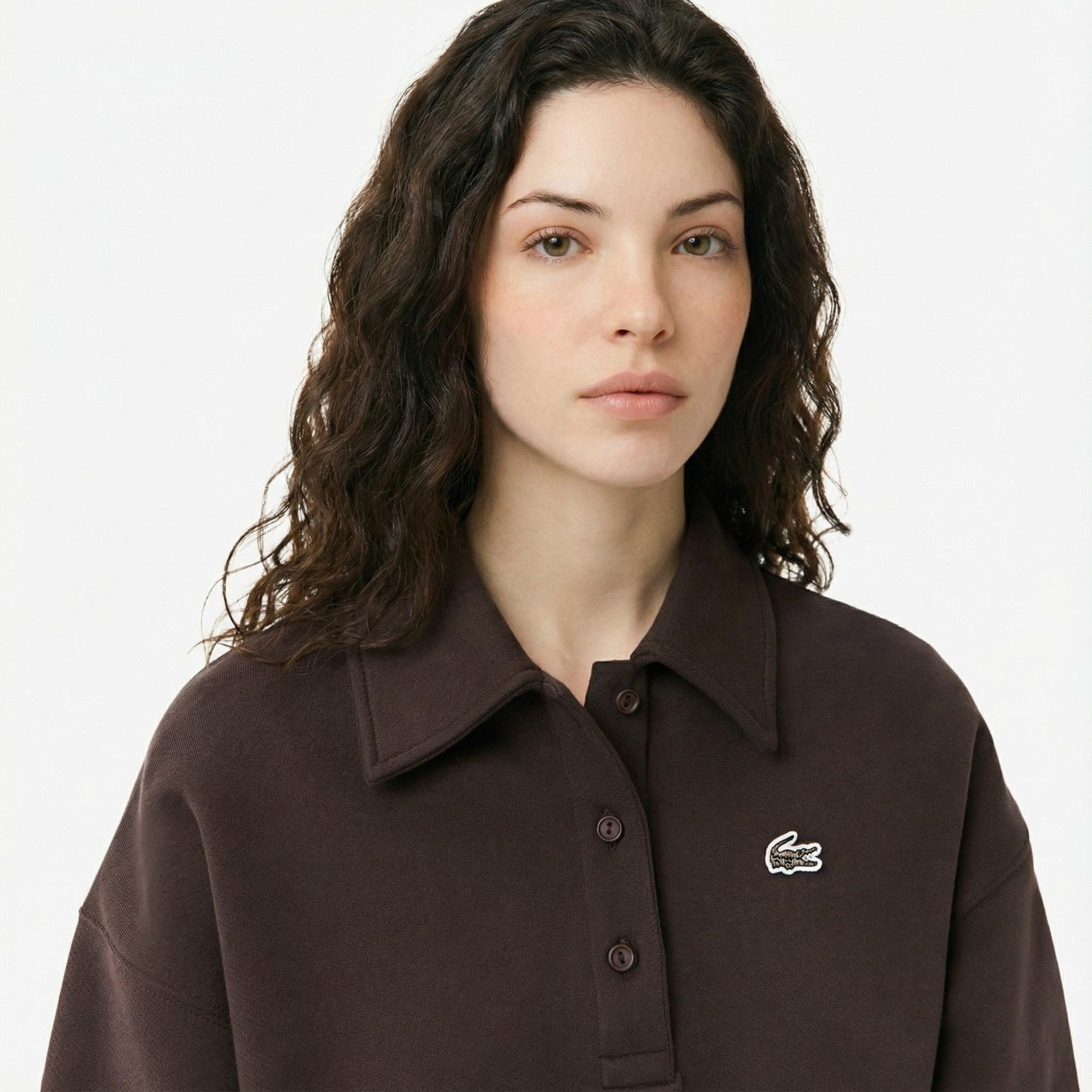 Lacoste Kadın Oversize Fit Polo Yaka Kahverengi Sweatshirt