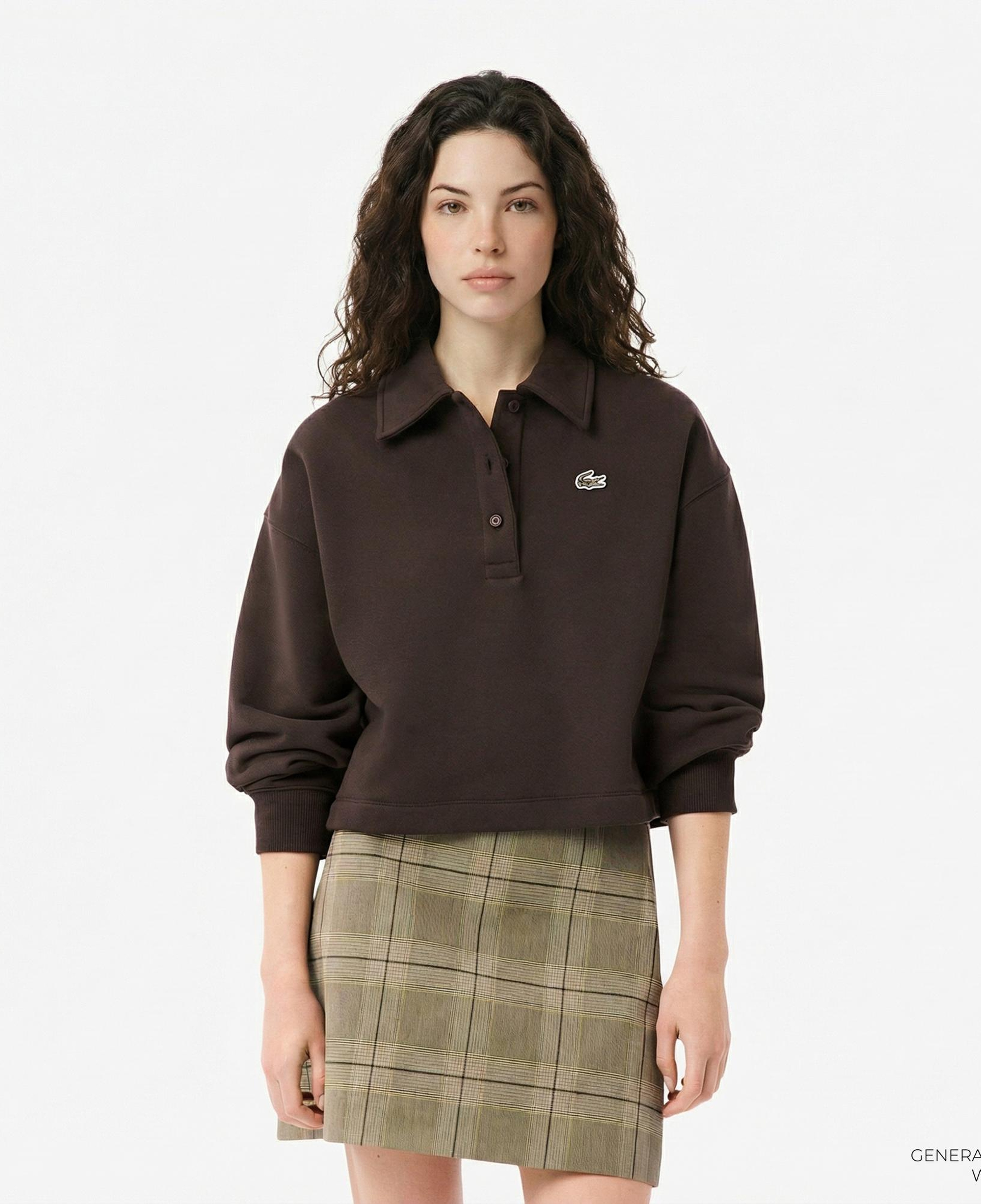 Lacoste Kadın Oversize Fit Polo Yaka Kahverengi Sweatshirt