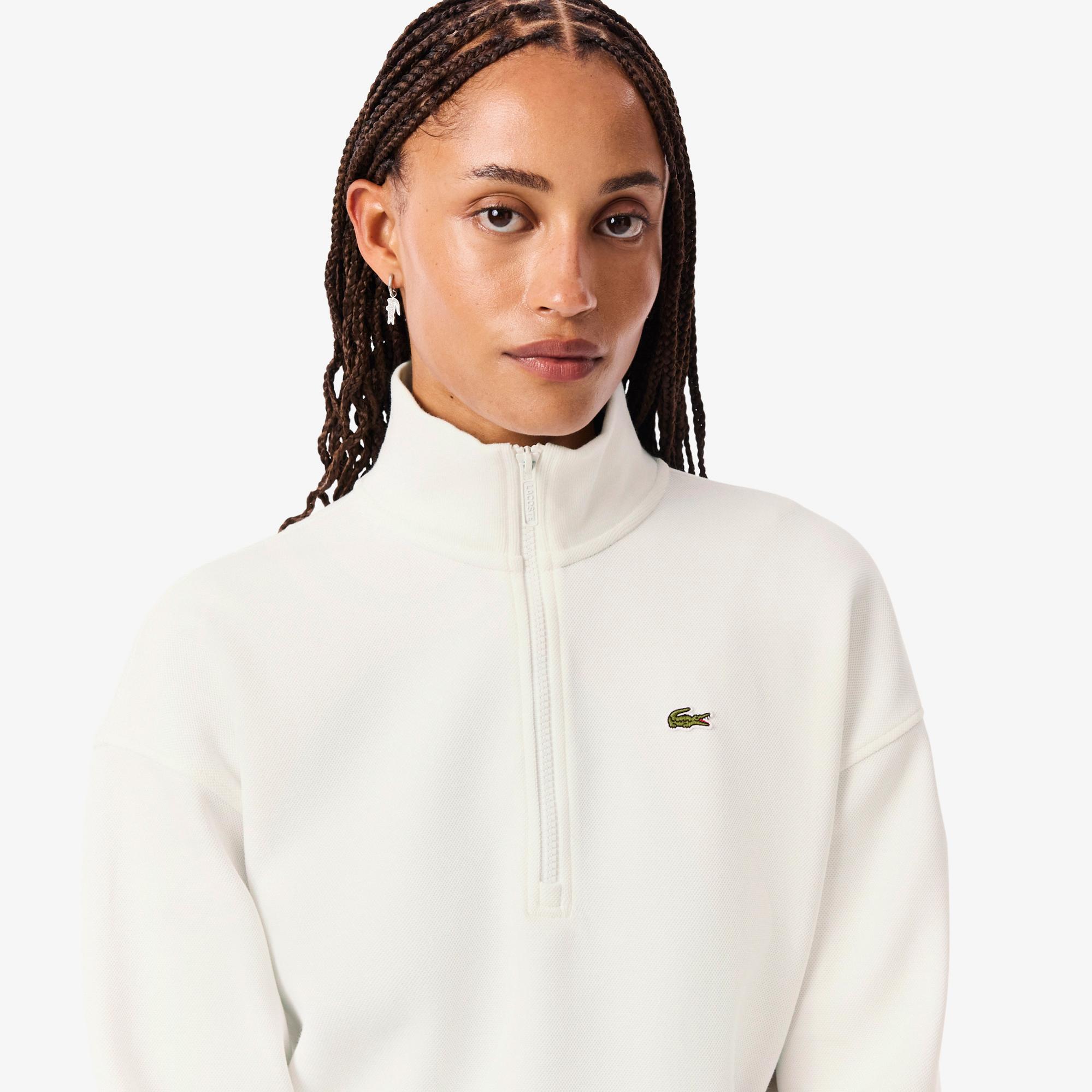Lacoste Kadın Relaxed Fit Yarım Fermuarlı Beyaz Sweatshirt