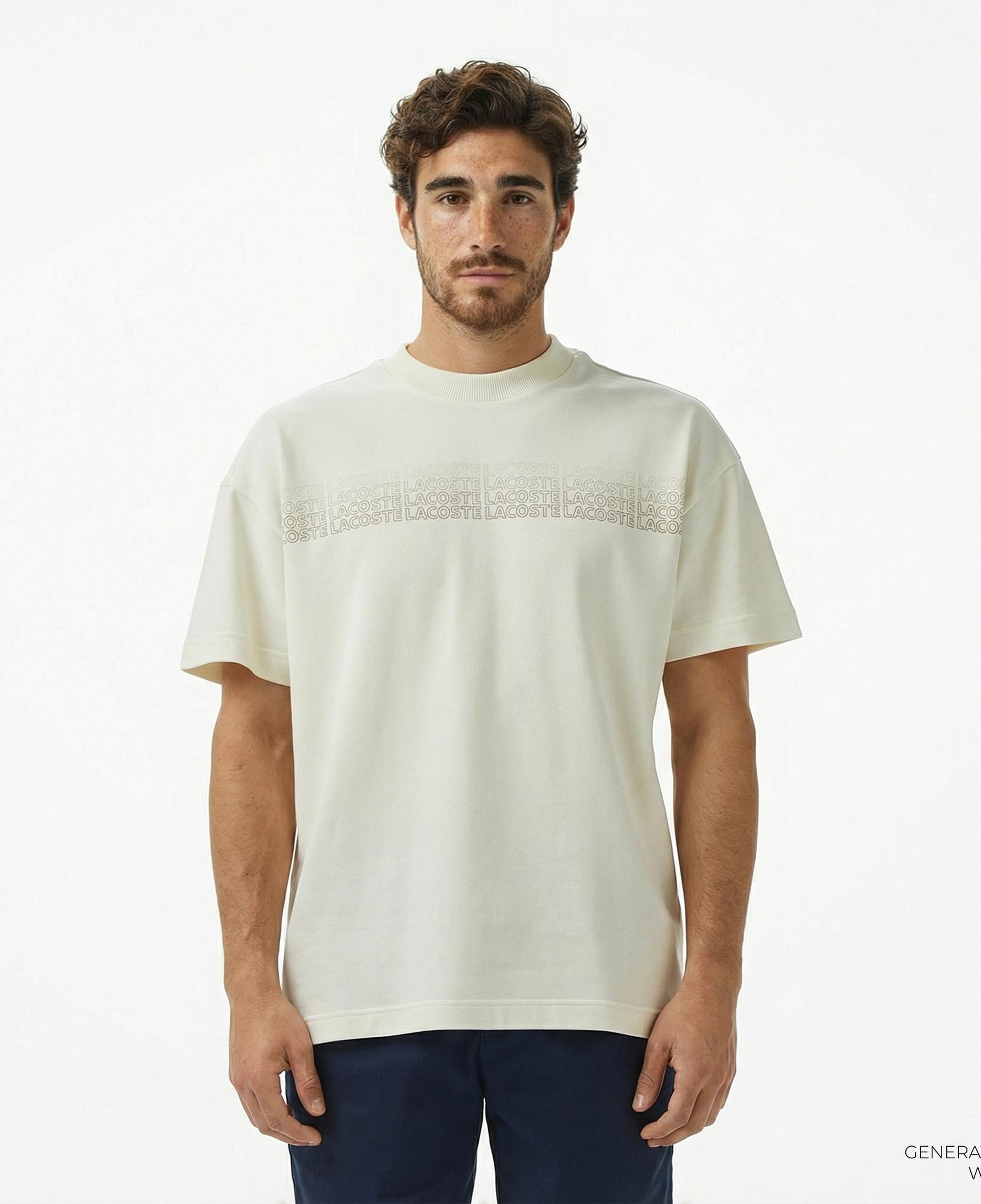 Lacoste Erkek Oversize Fit Bisiklet Yaka Baskılı Beyaz T-Shirt