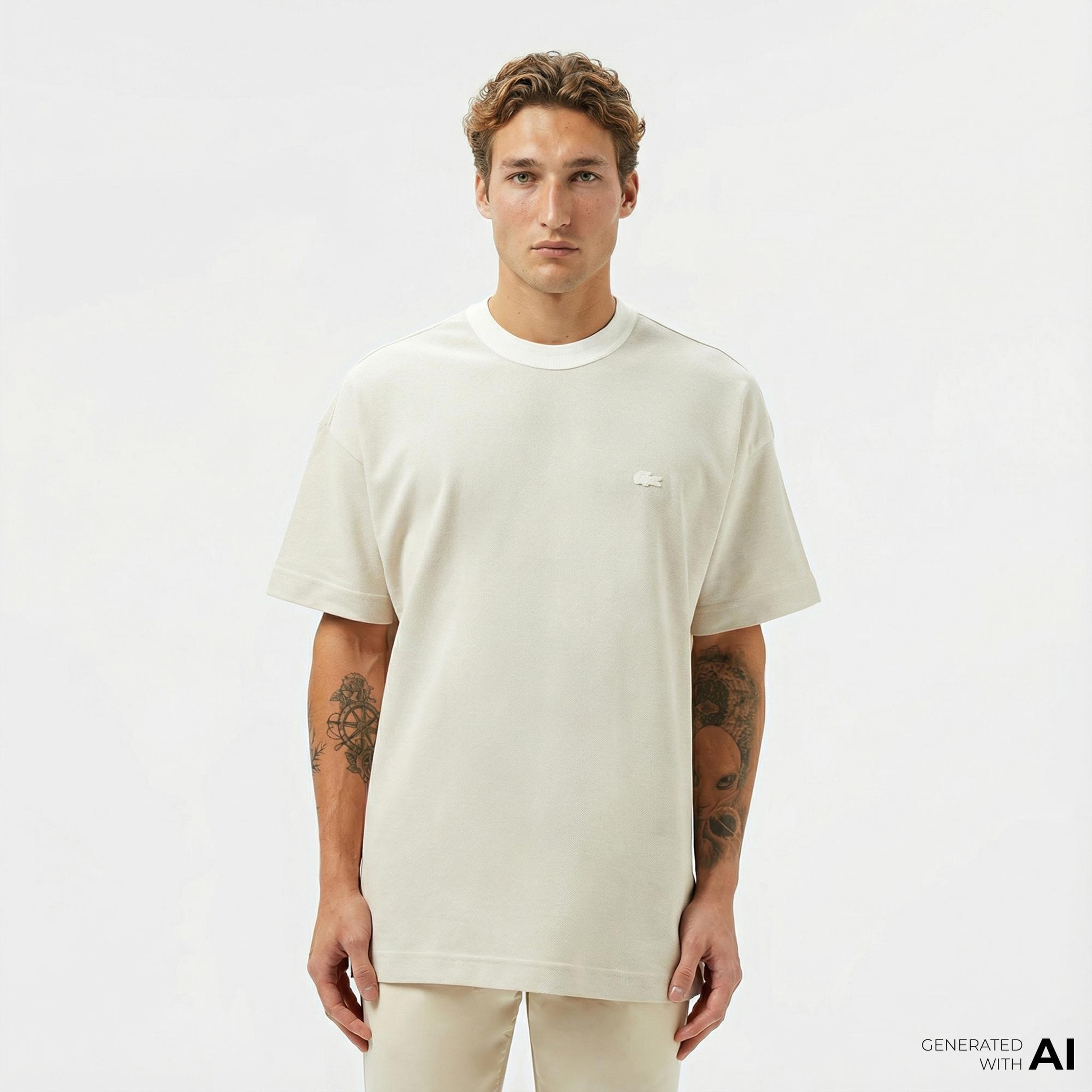 Lacoste Erkek Oversize Fit Bisiklet Yaka Krem T-Shirt