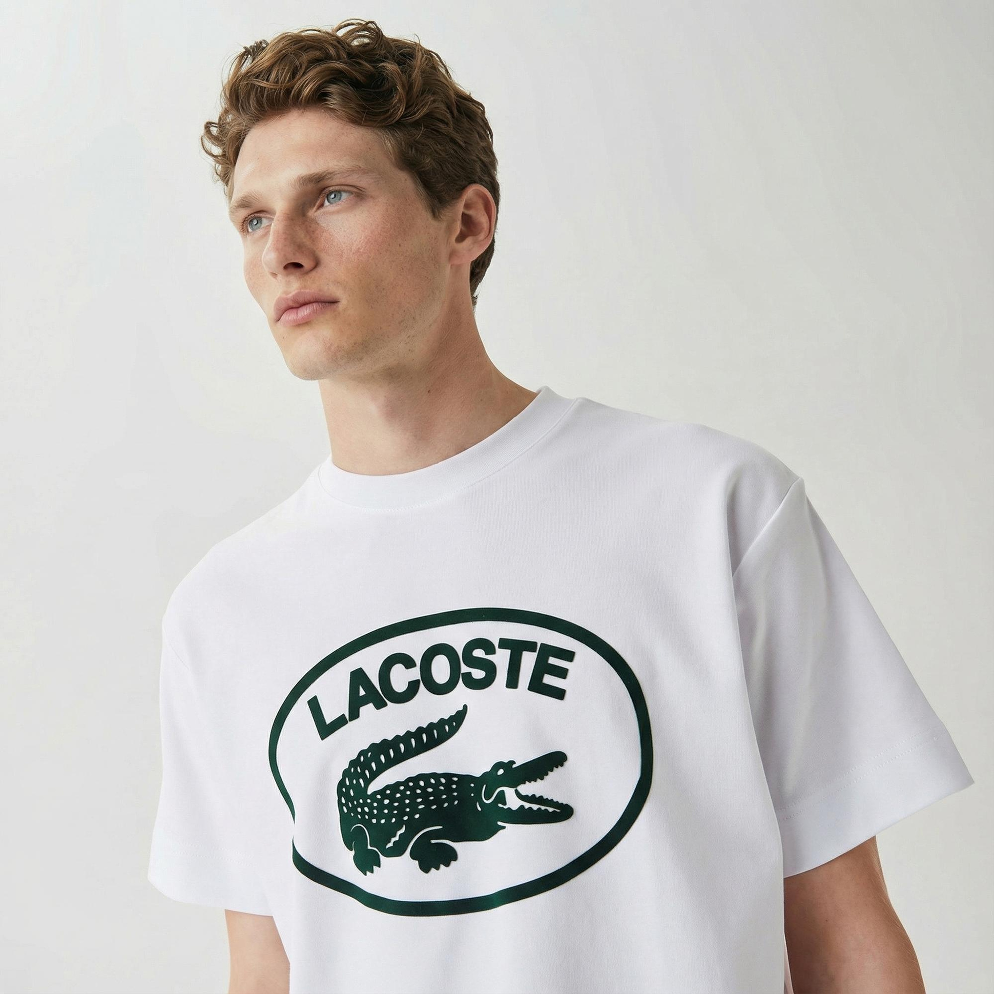 Lacoste Erkek Relaxed Fit Bisiklet Yaka Baskılı Beyaz T-Shirt