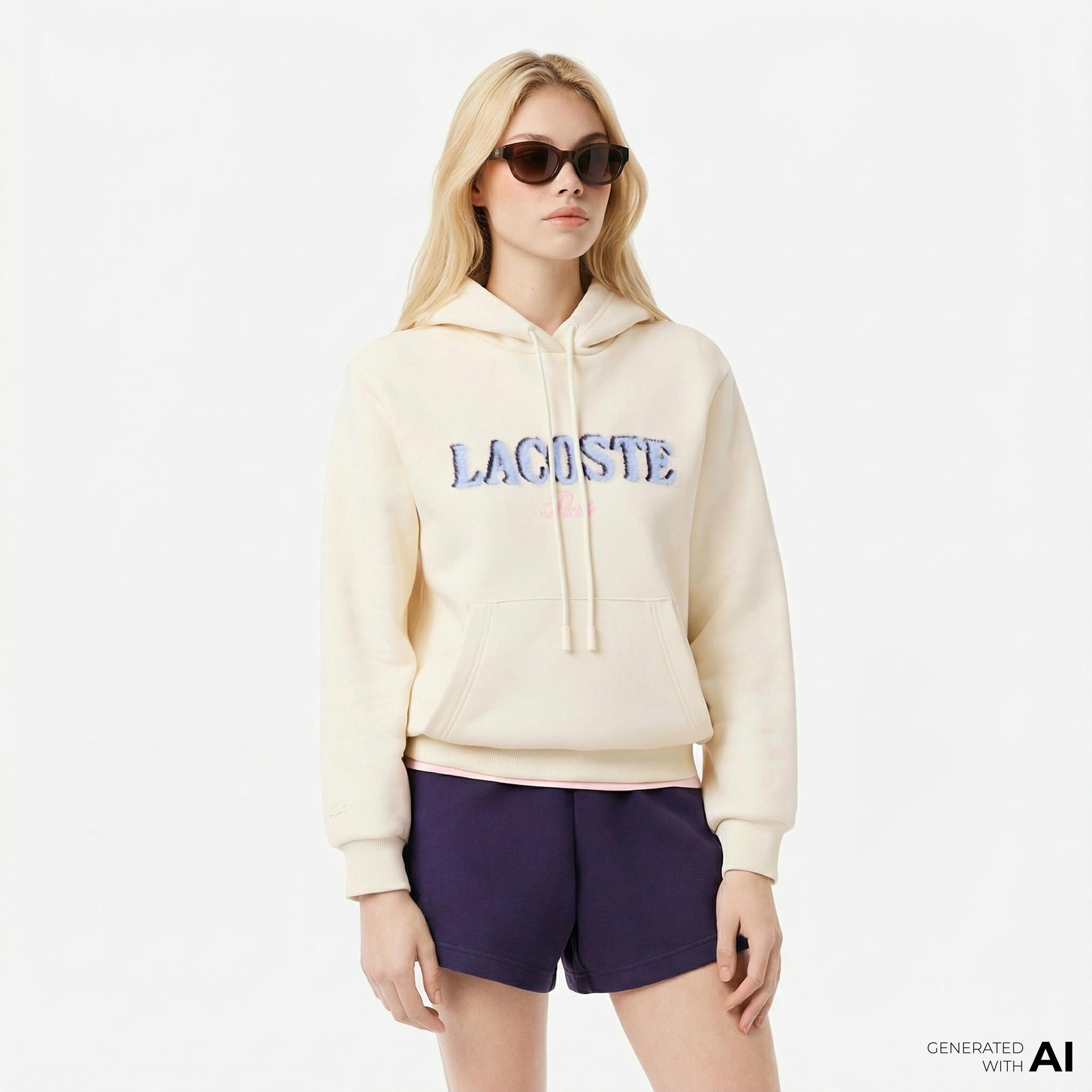 Lacoste Kadın Relaxed Fit Kapüşonlu Baskılı Krem Sweatshirt