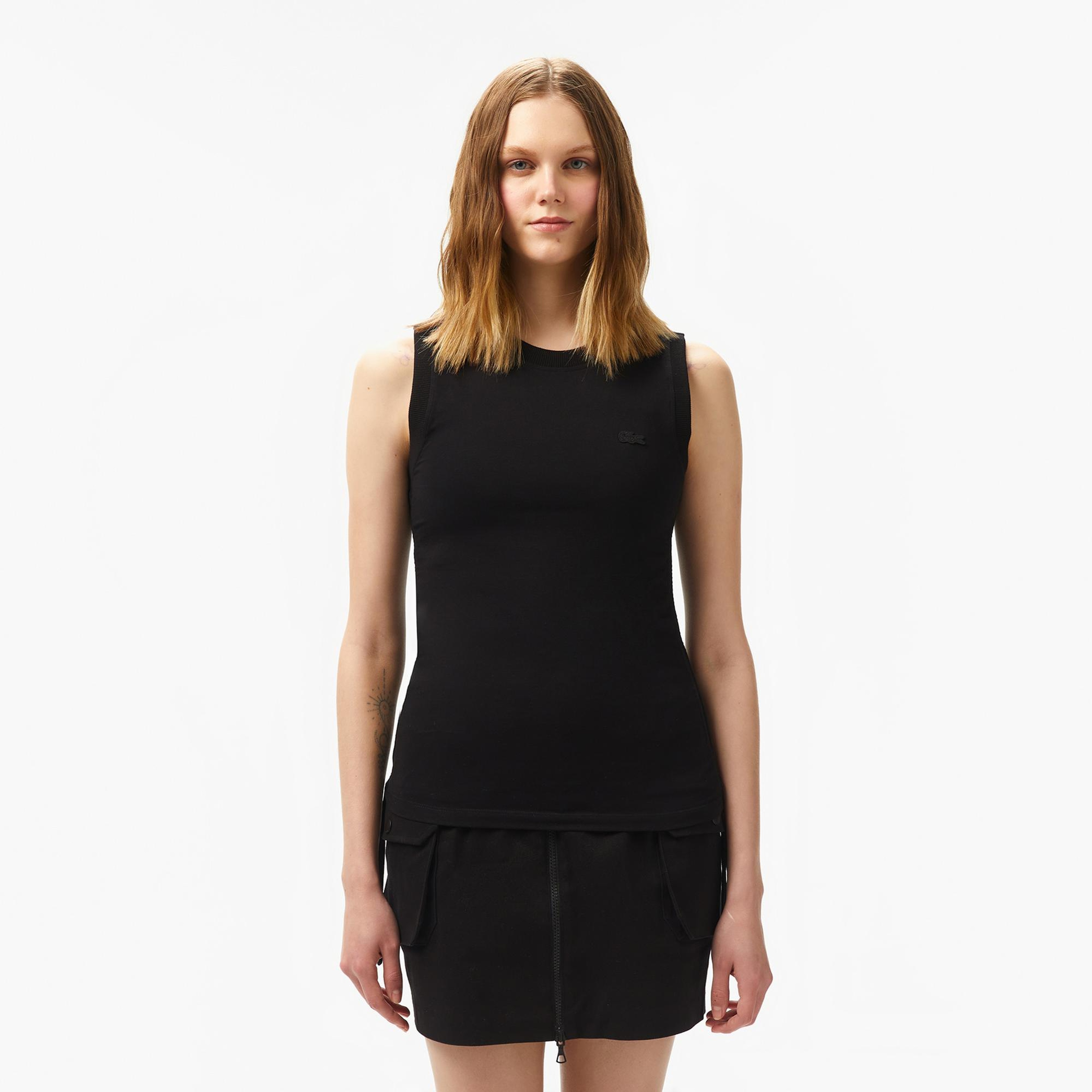 Lacoste Kadın Slim Fit Kolsuz Bisiklet Yaka Siyah T-Shirt