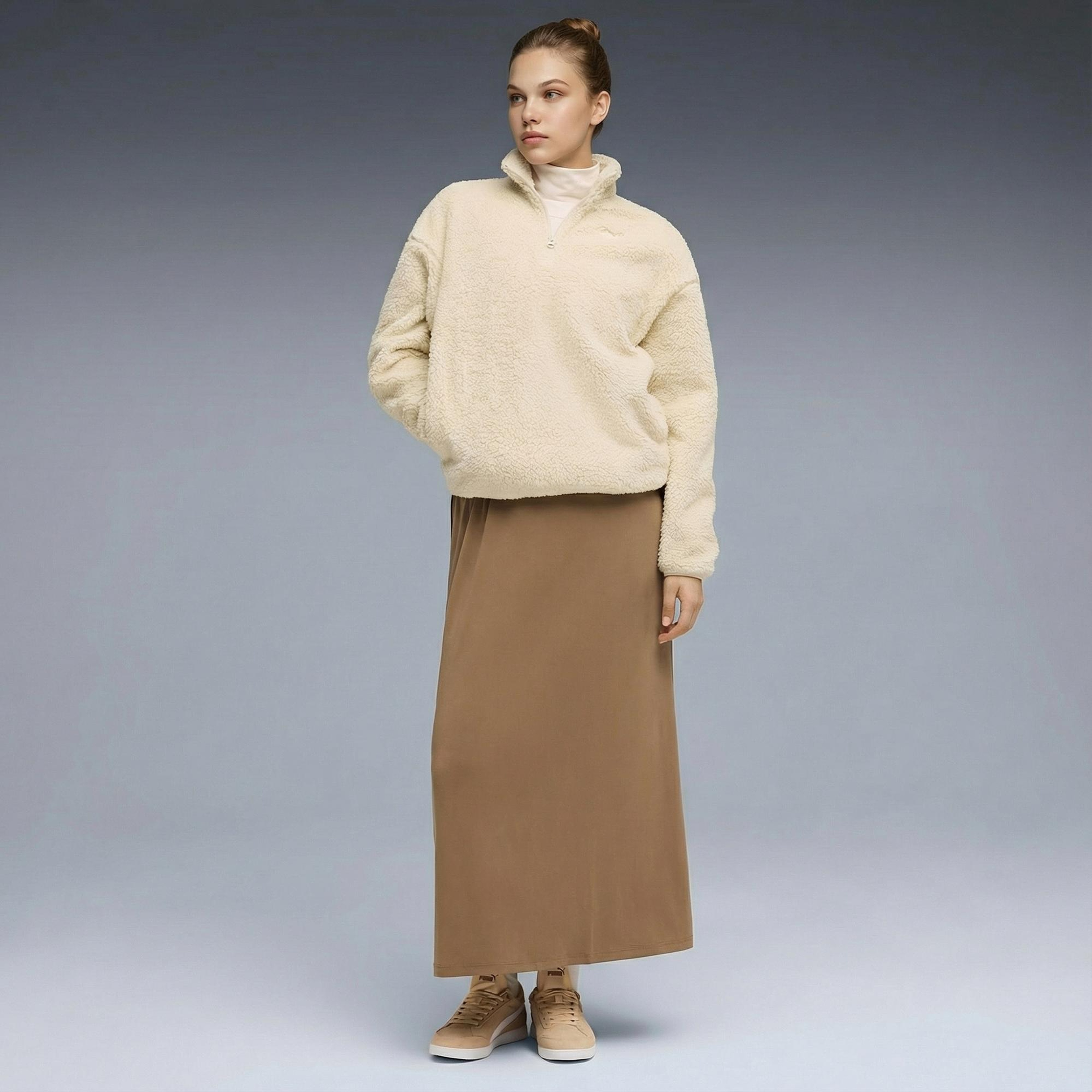 Puma Essential Elevated Half-Zip Crew Kadın Krem Rengi Sweatshirt