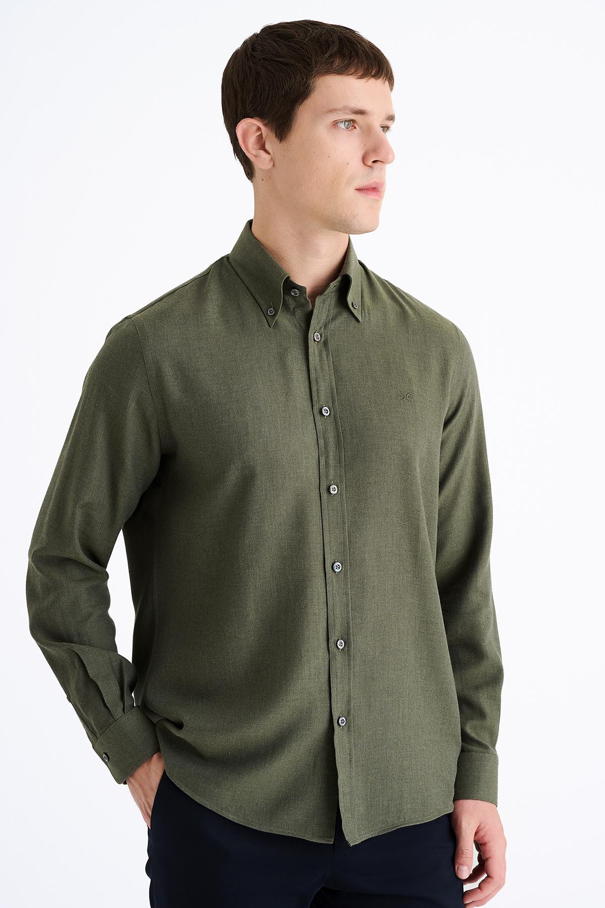 Erkek Haki Cooper Fit Düğmeli Yaka Kaşmir Karışımlı Flannel Spor Gömlek
